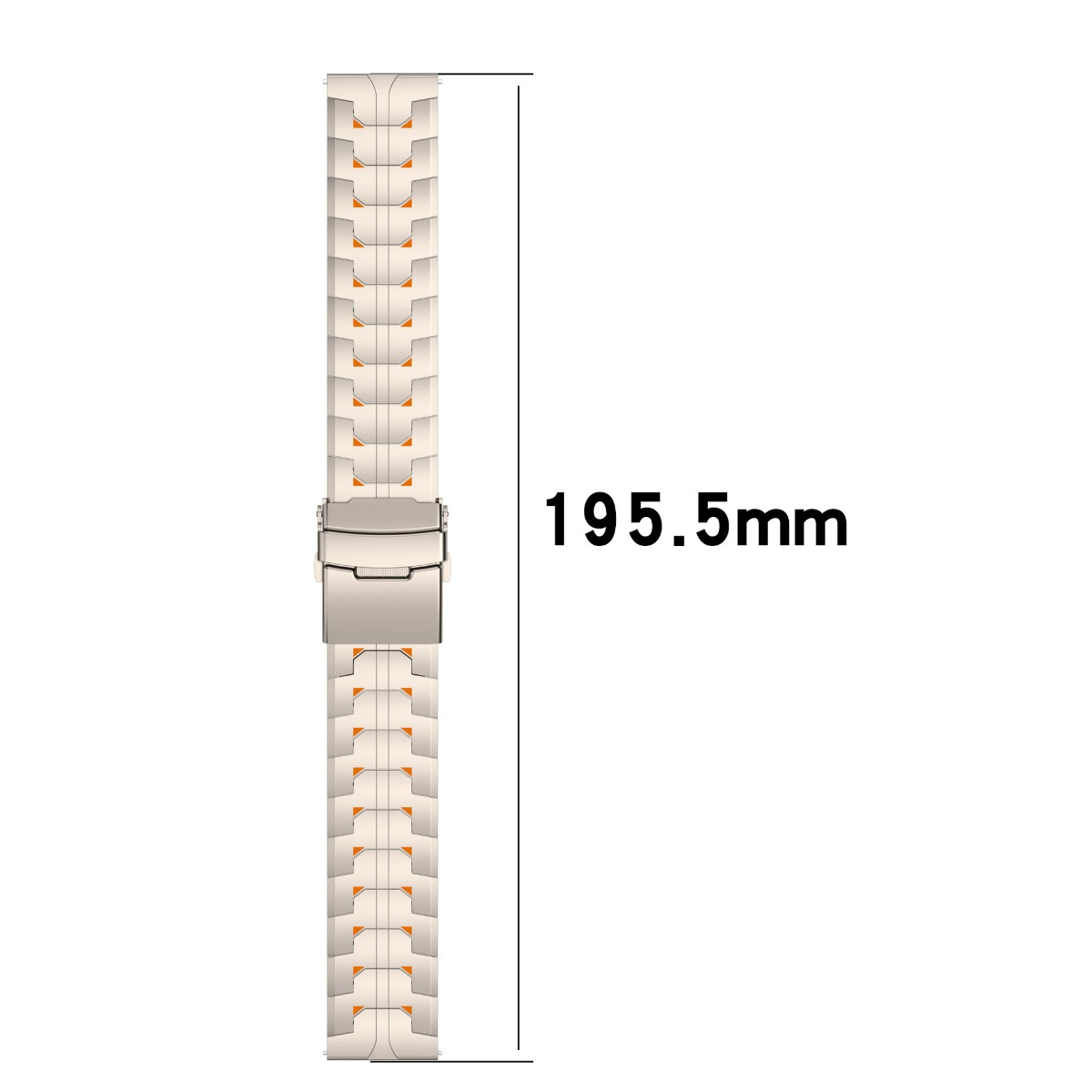 Ein beigefarbenes Uhrenarmband mit orangefarbenen Akzenten und Metallschnalle.