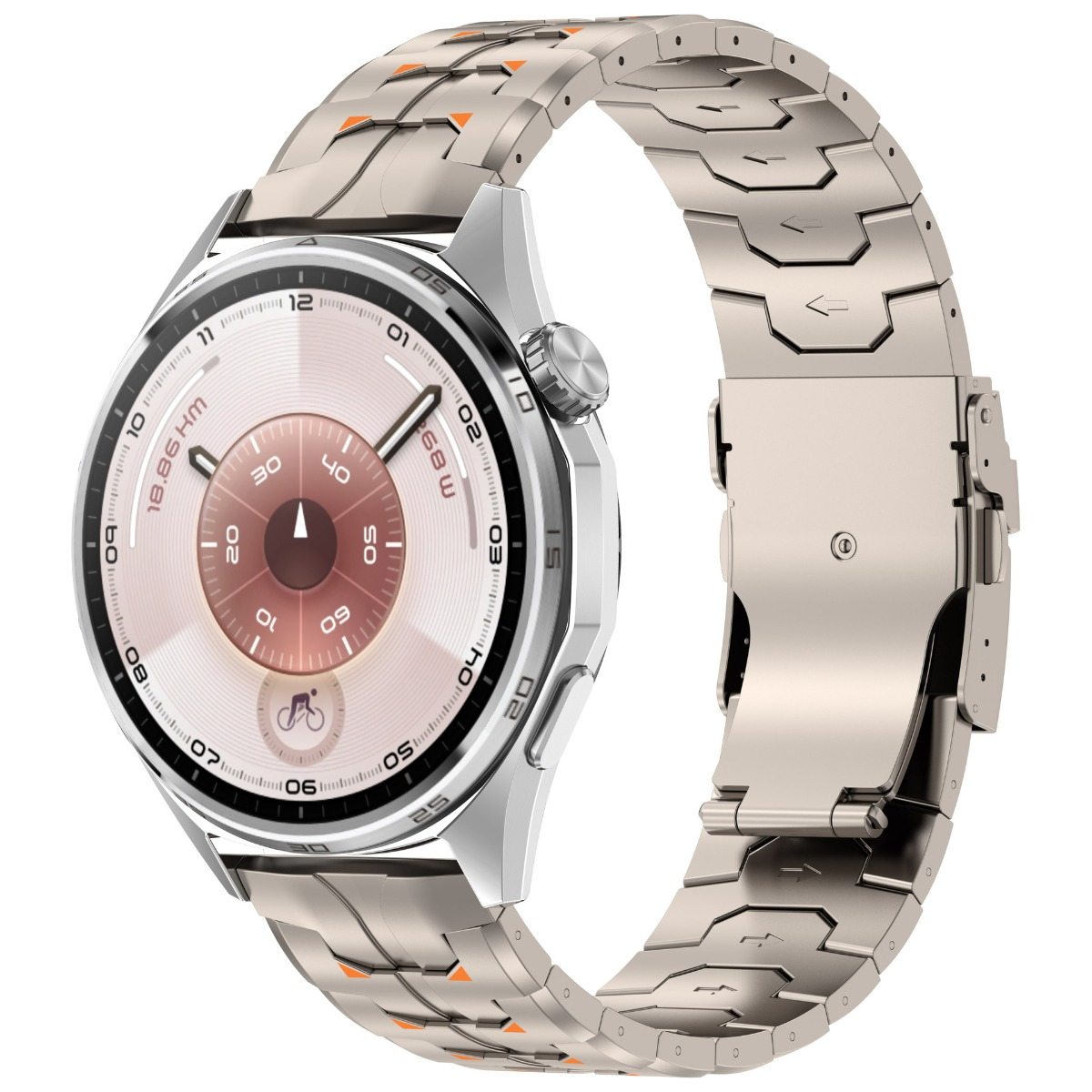 Silberne Smartwatch mit einem Zifferblatt, das 18,86 km anzeigt.