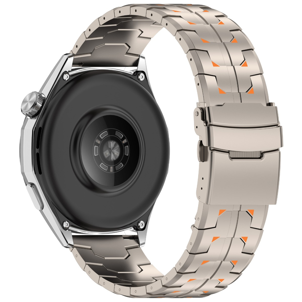 Rückseite einer silbernen Smartwatch mit Metallschnallenarmband und orangefarbenen Akzenten.