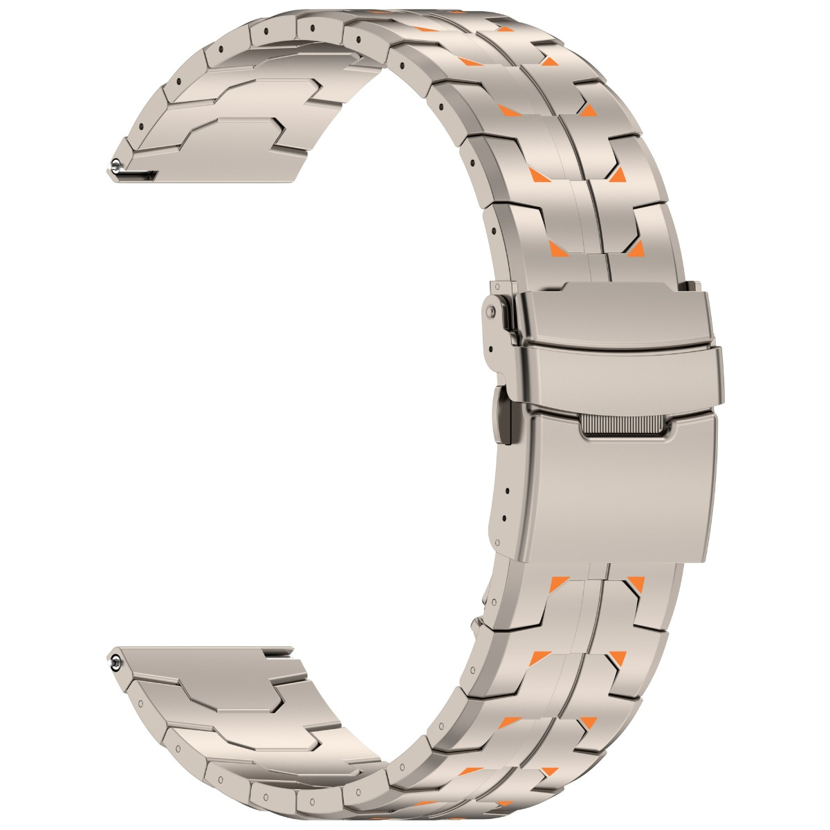 Ein silbernes Metallarmband mit orangefarbenen Akzenten und einer Schnalle.
