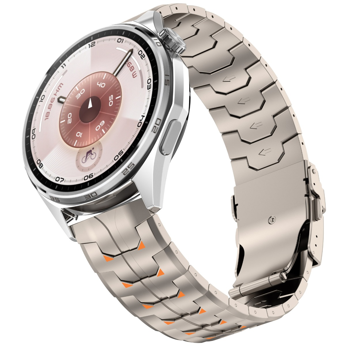 Silberne Smartwatch mit metallischem Armband und rundem Zifferblatt. Orange Akzente.