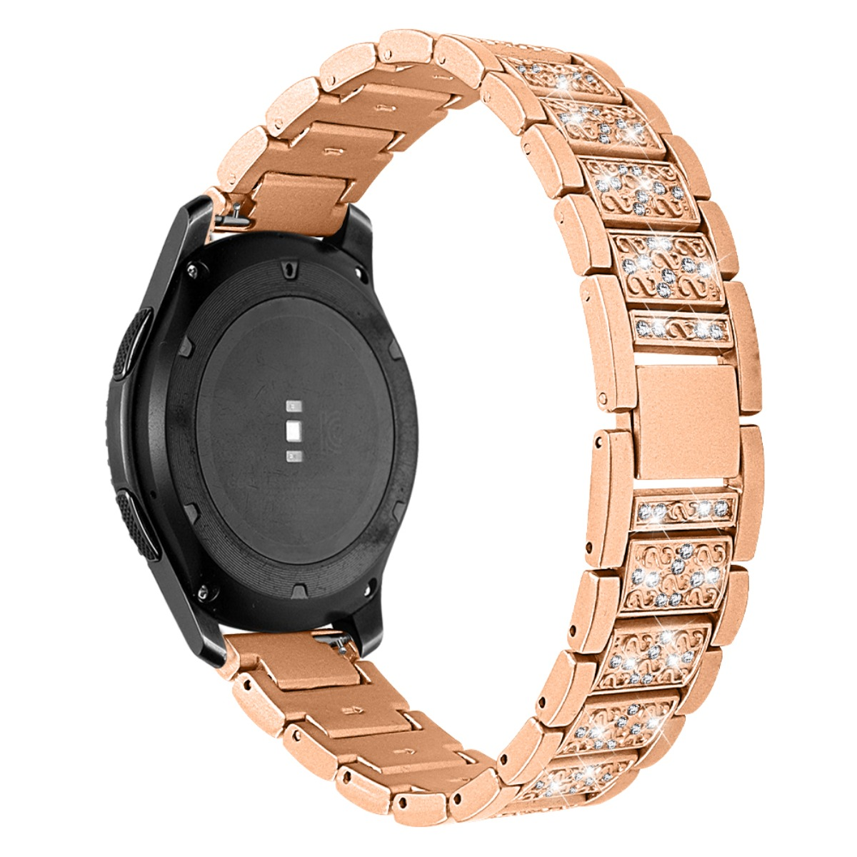 Un cinturino per orologio color oro rosa con cristalli è attaccato a un orologio nero.