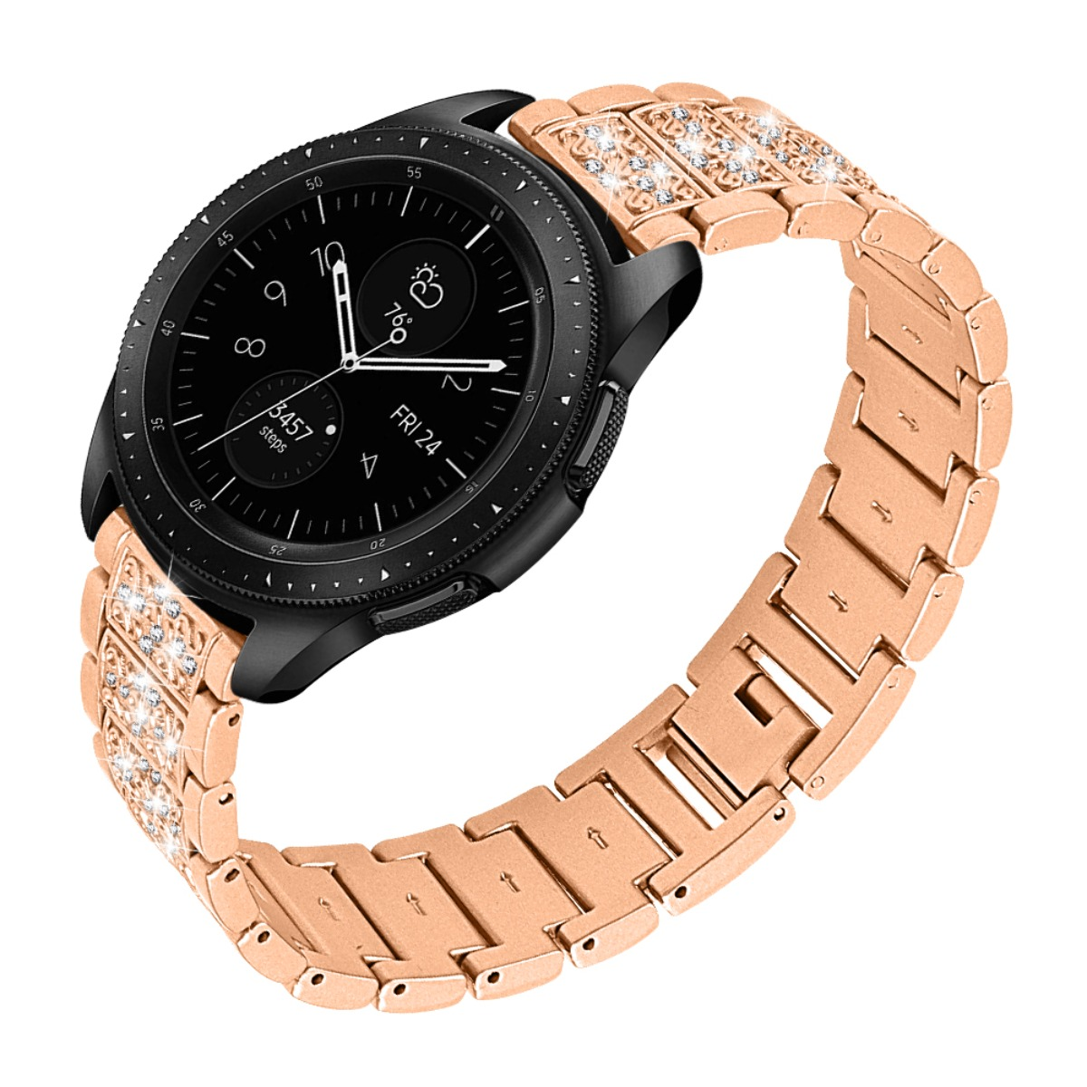 Uno smartwatch nero con cinturino color oro rosa adornato di cristalli.