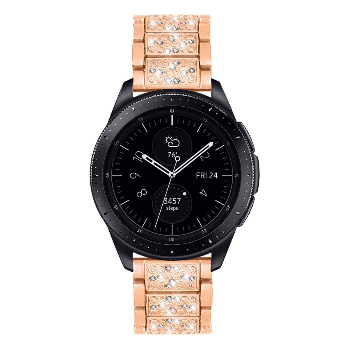 Uno smartwatch nero con cinturino in oro rosa ornato di cristalli.
