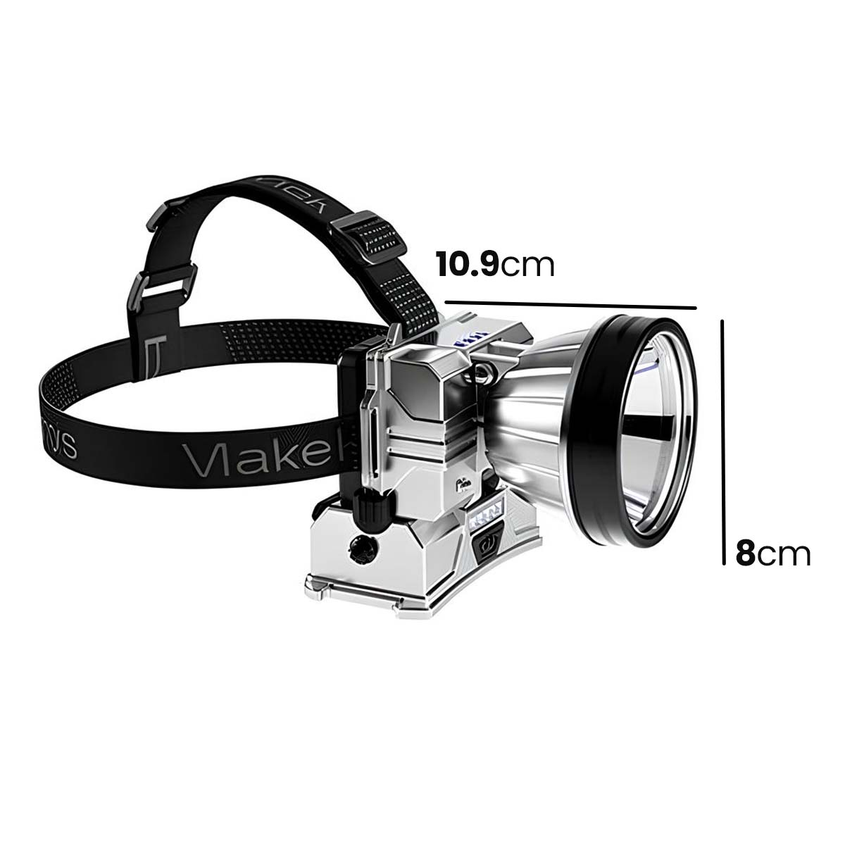 Lampe frontale argentée avec bandeau noir et dimensions.