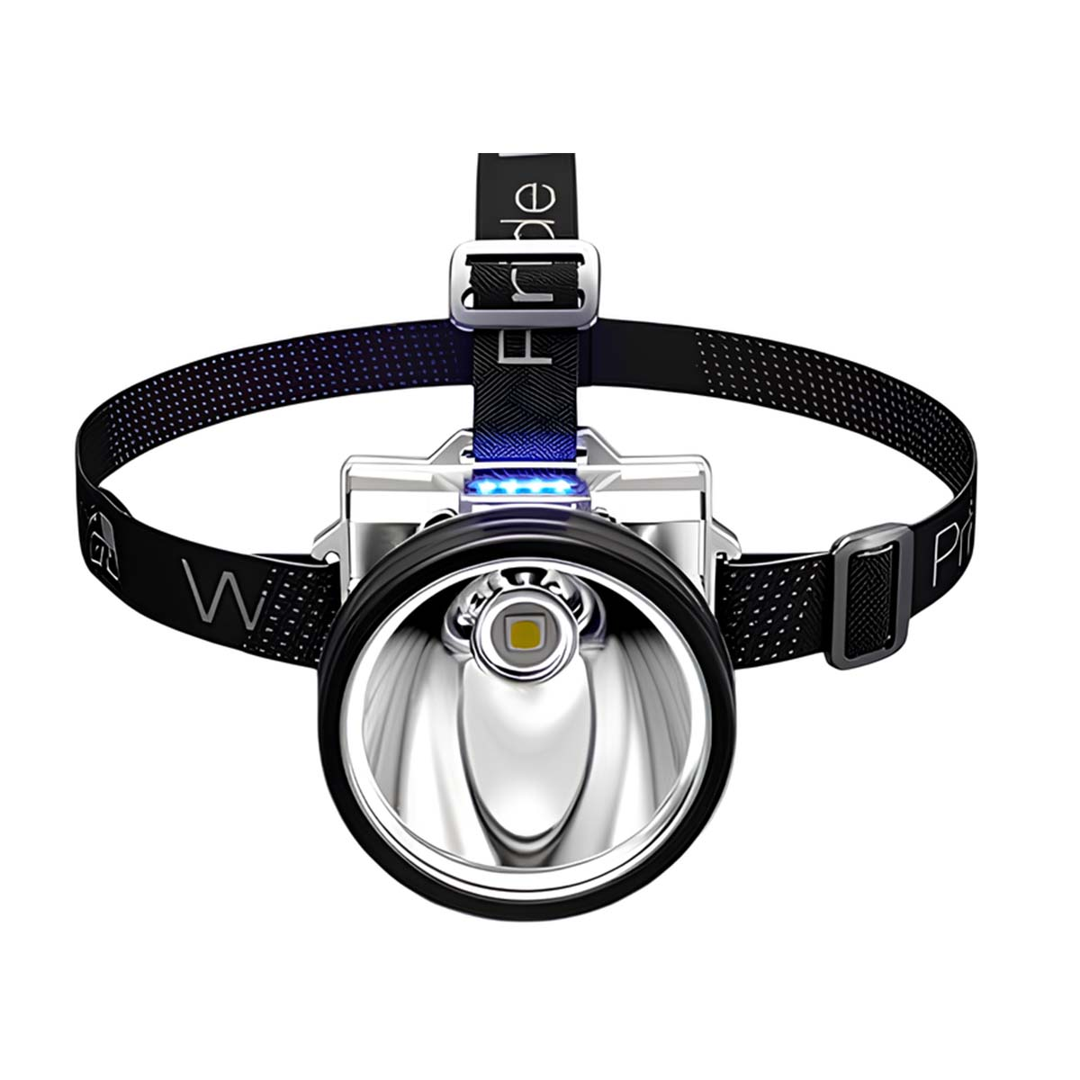 Une lampe frontale argentée avec sangle noire et lumières bleues.