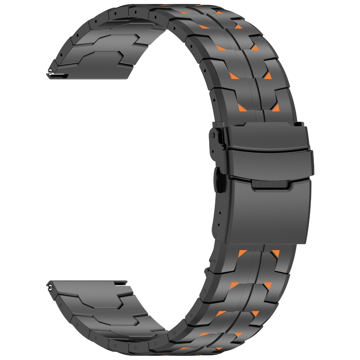Ein schwarzes, zweiteiliges Uhrenarmband mit orangefarbenen Akzenten und Metallschnalle.