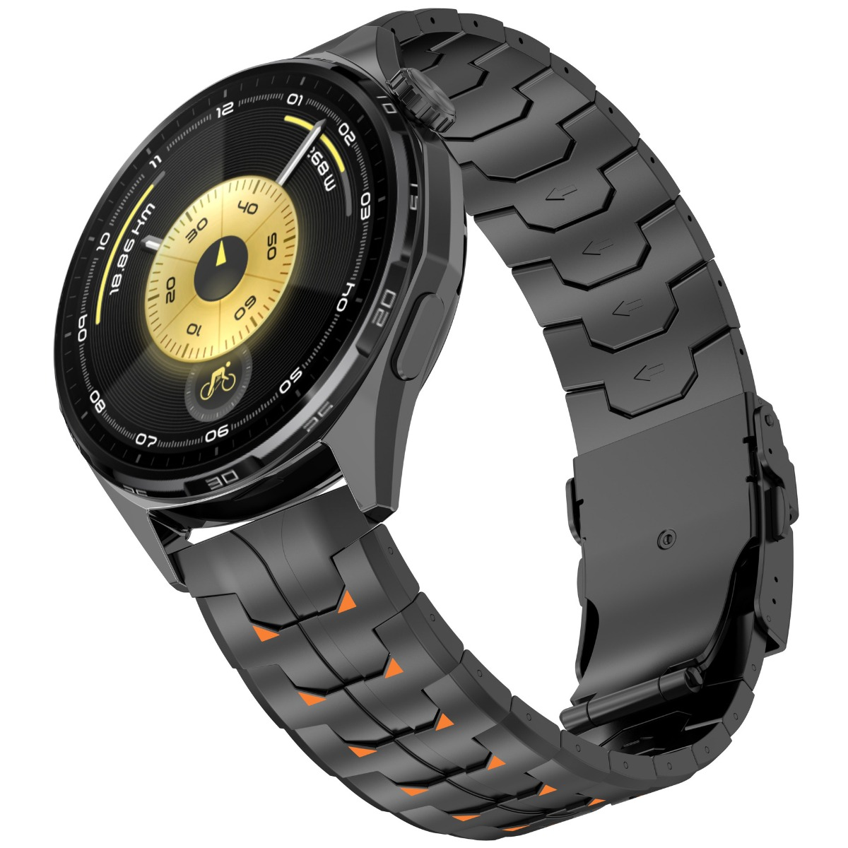 Eine schwarze Smartwatch mit Metallarmband. Das Zifferblatt zeigt eine goldene Scheibe mit schwarzen Markierungen.