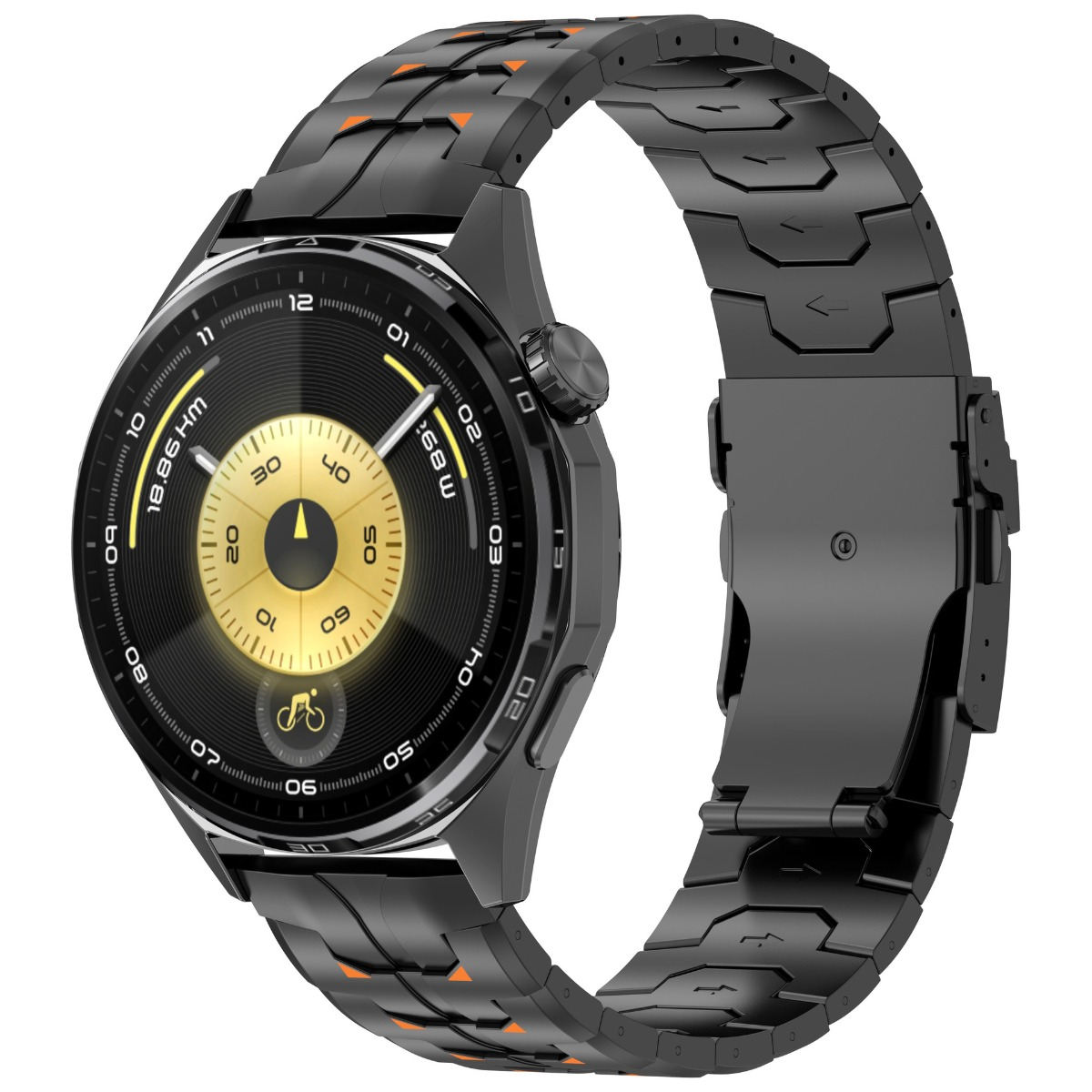 Schwarze Smartwatch mit Metallarmband und goldener Anzeige. Orange Akzente.