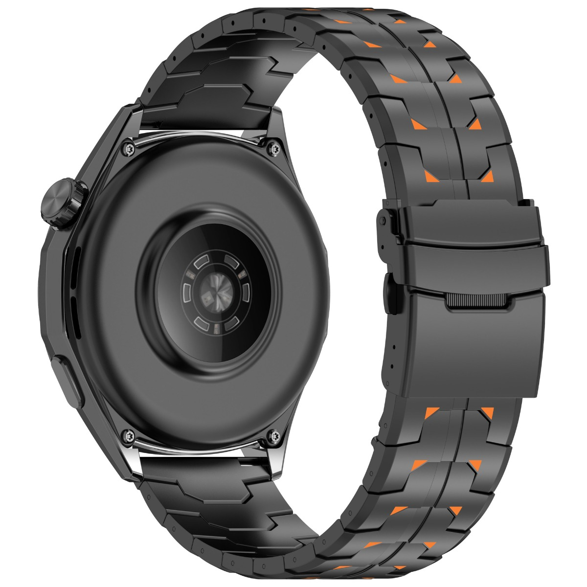 Rückseite einer schwarzen Smartwatch mit orangefarbenen Akzenten am Armband.