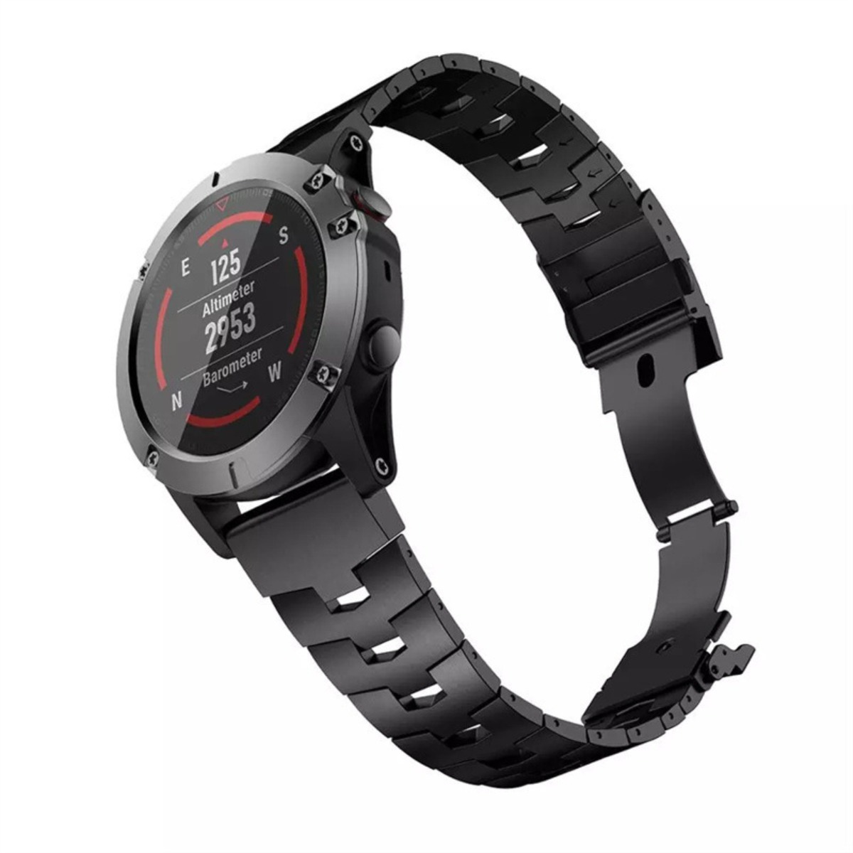 Orologio smart nero con cinturino in metallo e display bussola.