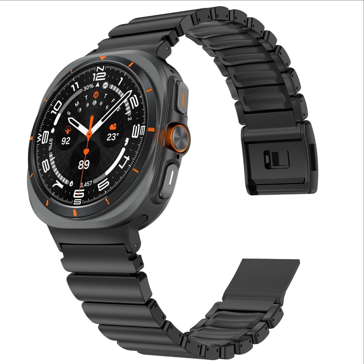 Uno smartwatch nero con accenti arancioni e cinturino in metallo.