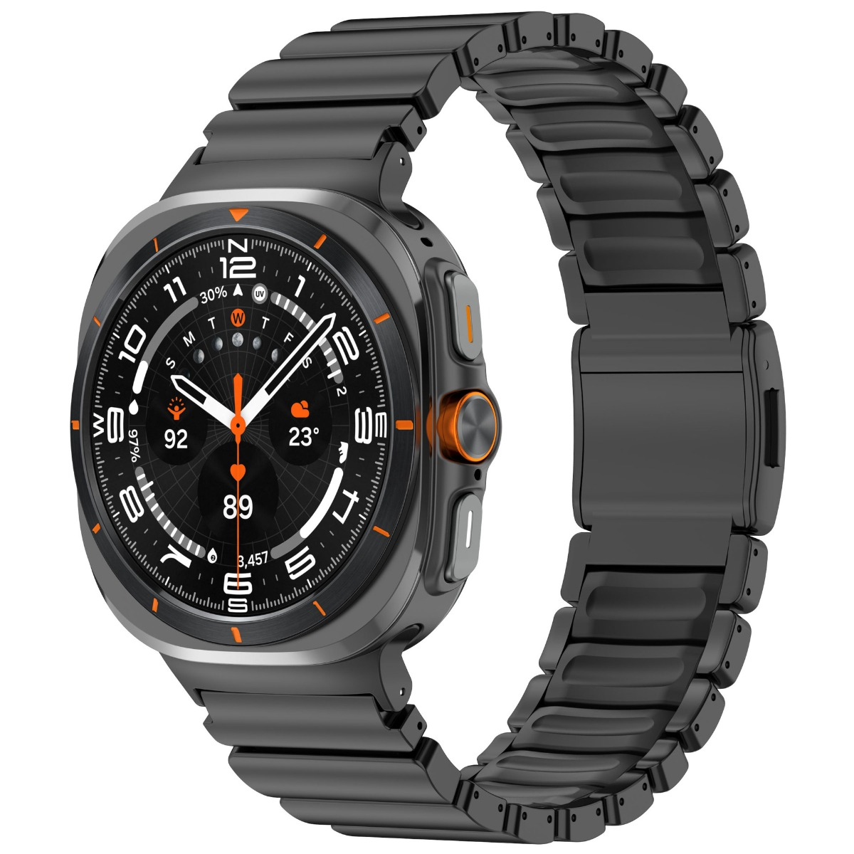 Uno smartwatch grigio con cinturino in metallo e quadrante con accenti arancioni.