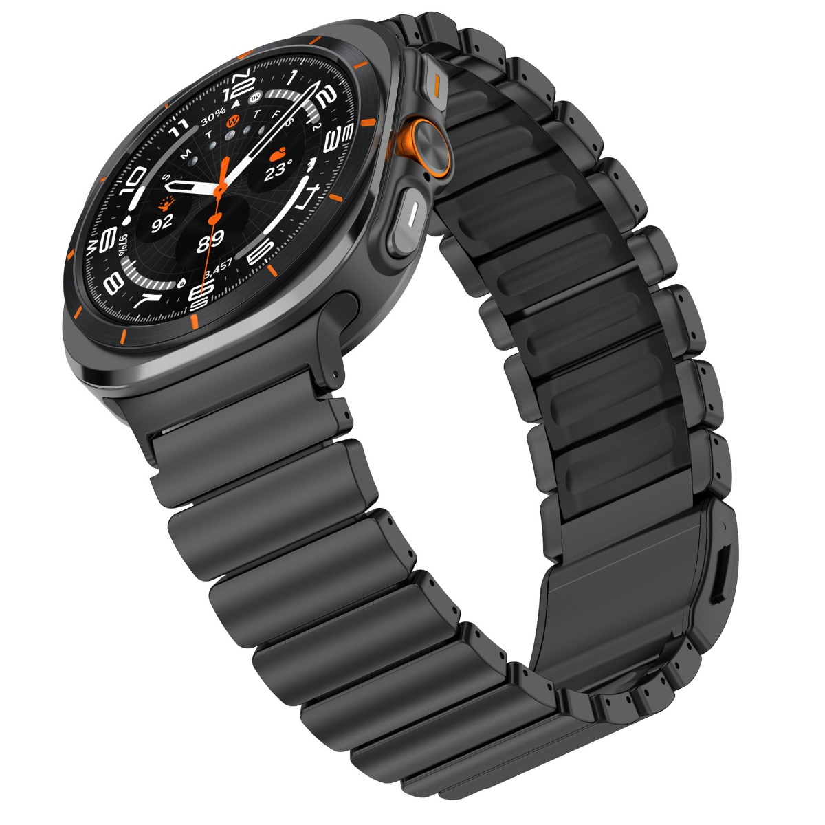 Uno smartwatch nero con cinturino in metallo, primo piano, mostra ora e meteo sullo schermo.