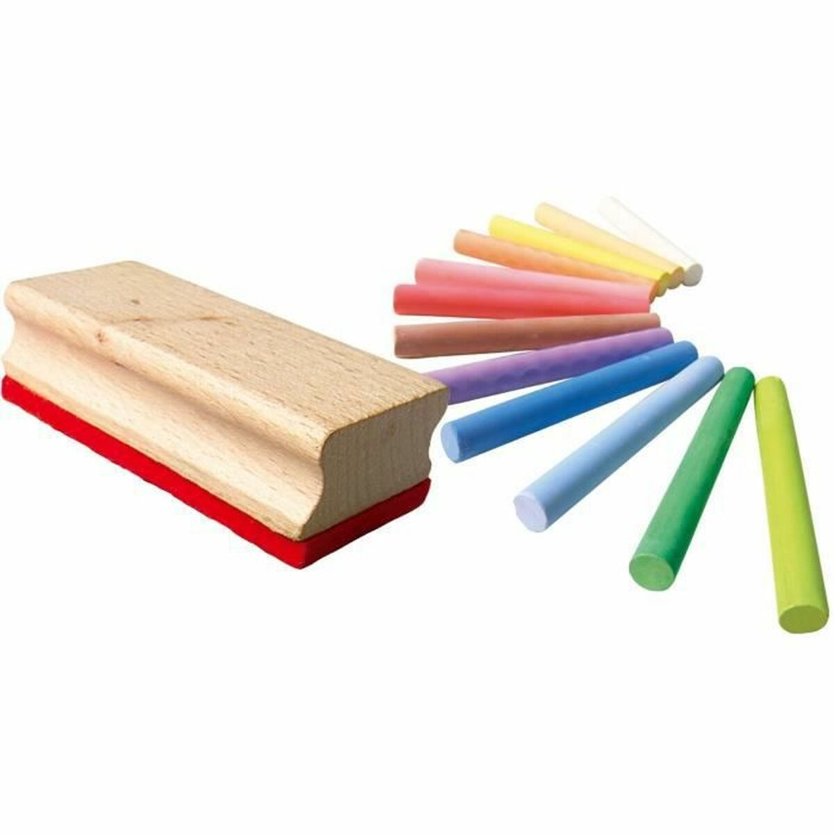 Ein Holzradierer mit rotem Filz und bunten Wachsmalstiften auf weißem Grund.