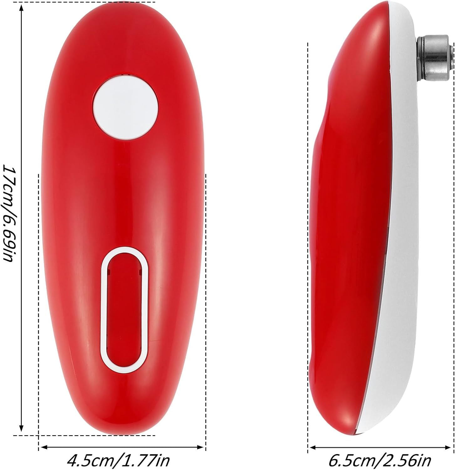 Rotes ergonomisches Gerät mit weißem Knopf und Schlitz. Maße: 17x4,5x6,5cm.