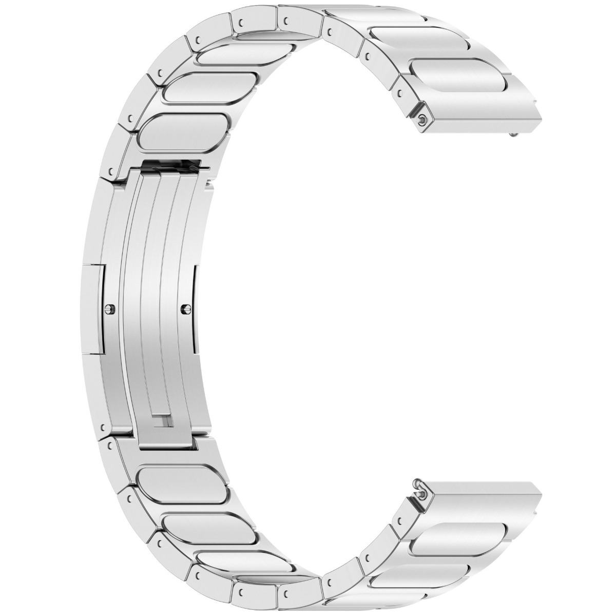Ein silbernes Metallarmband für eine Uhr, das auf einem weißen Hintergrund liegt.