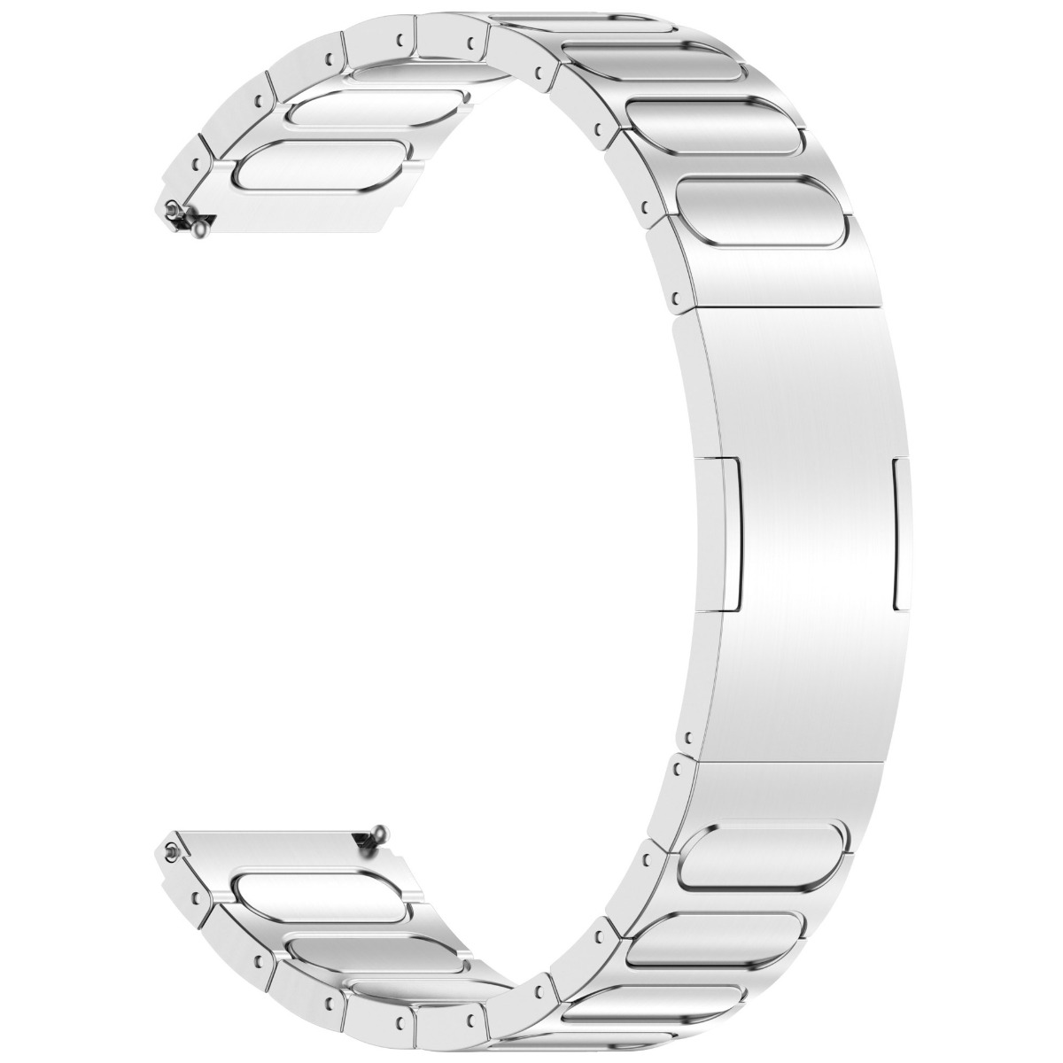 Ein silbernes Metallarmband für eine Uhr, das sich in einer C-Form biegt.