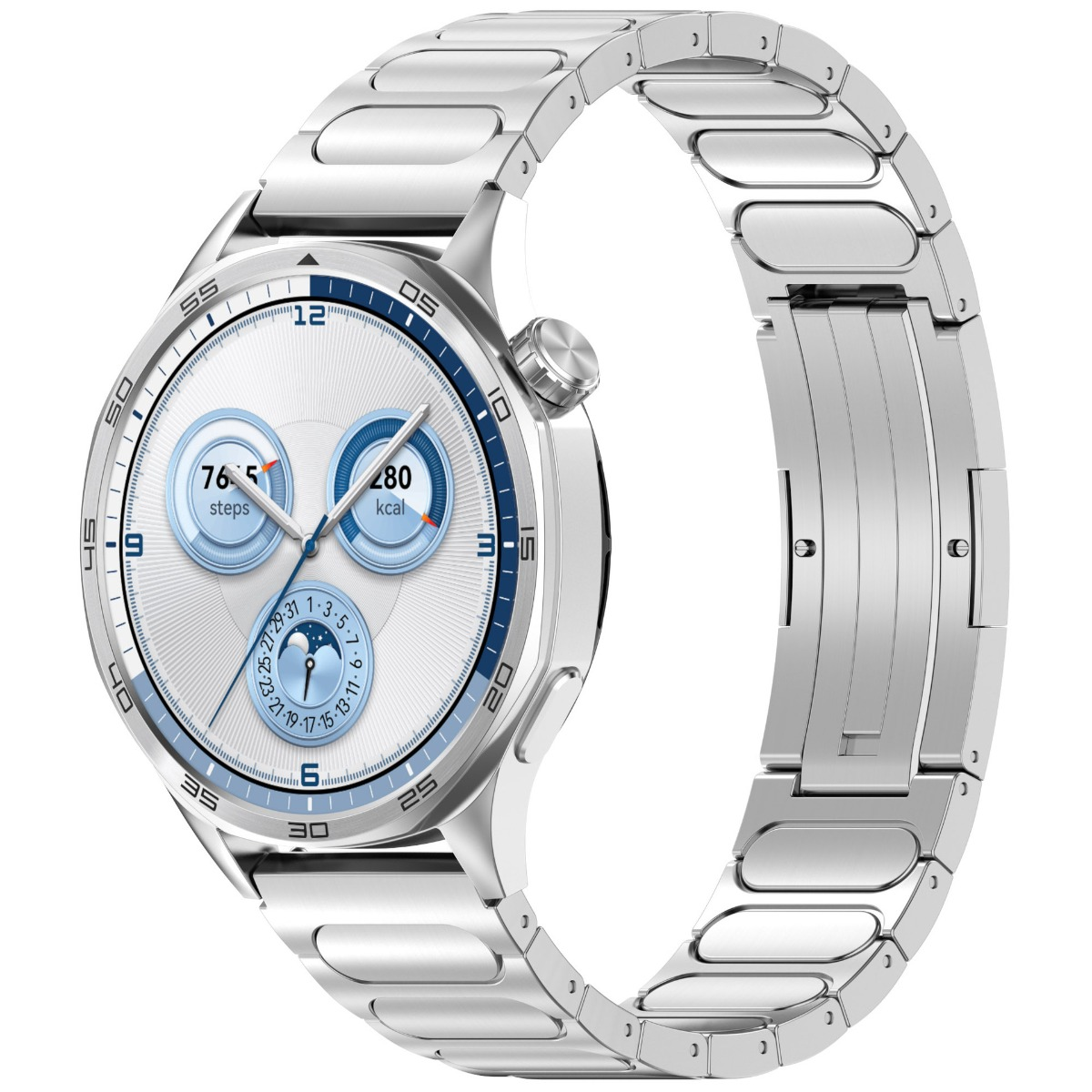 Eine silberne Smartwatch mit weißem Zifferblatt, die Schritte und Kalorien anzeigt.