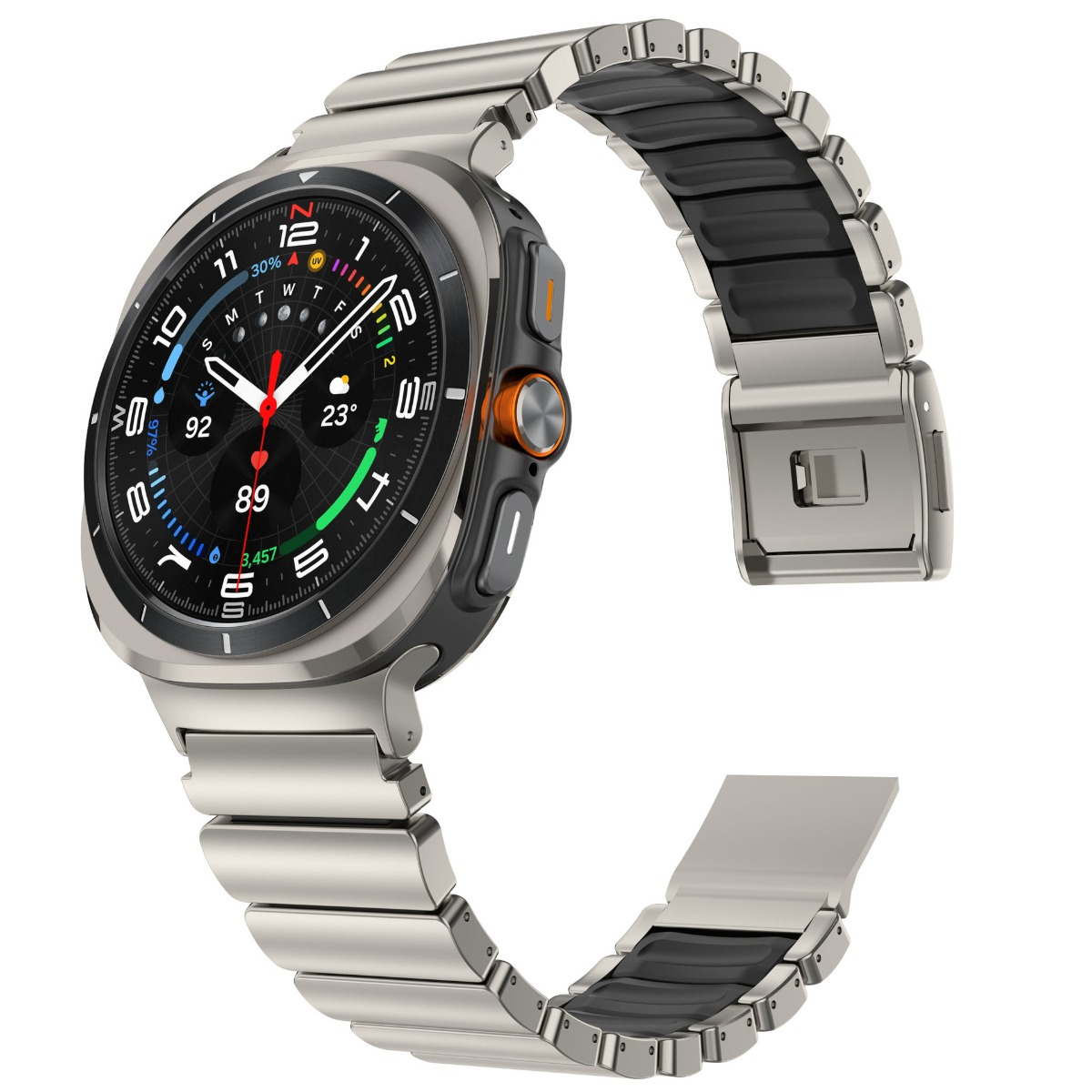 Eine silberne Smartwatch mit schwarzem Zifferblatt und Metallarmband.