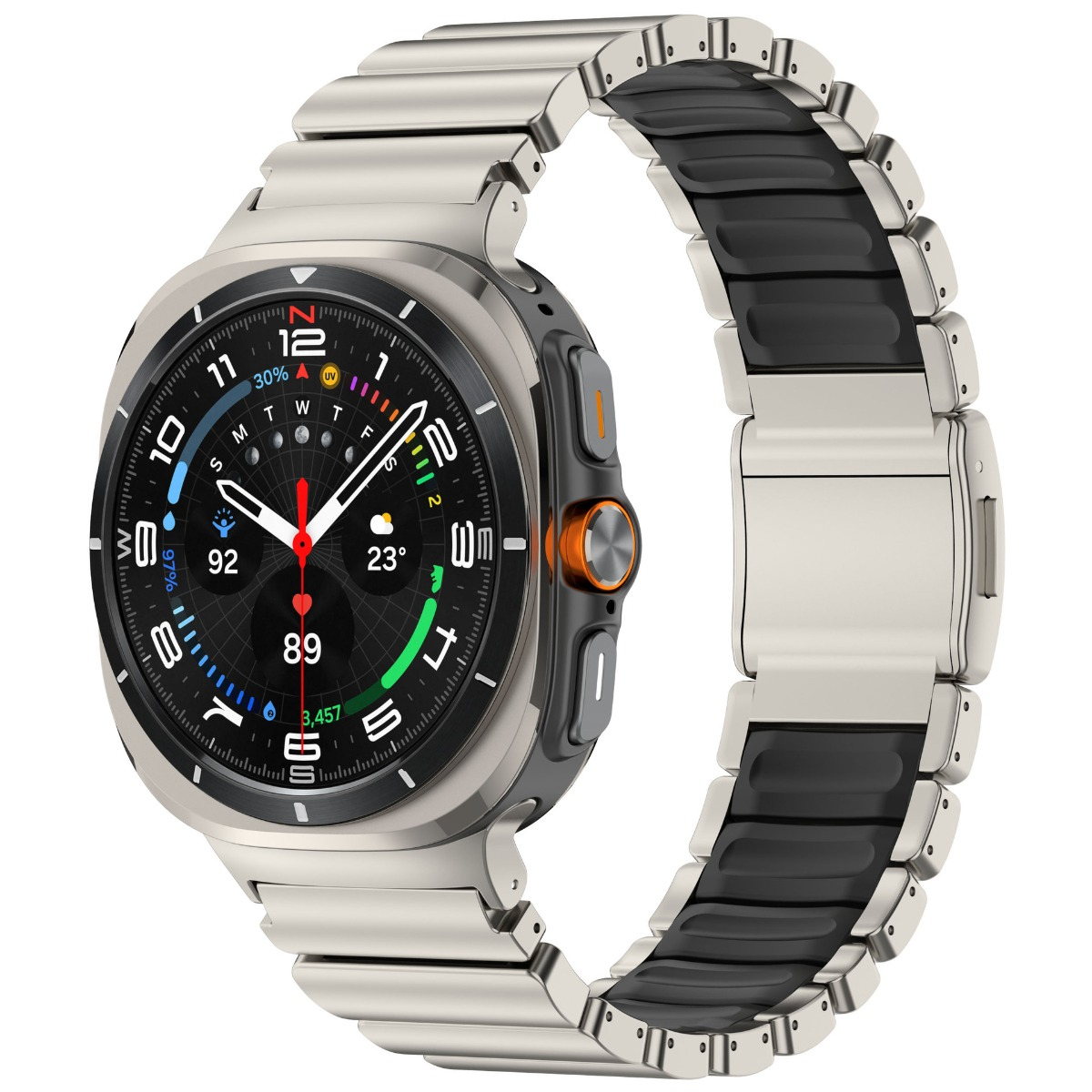 Eine silberne Smartwatch mit Metallarmband und dunklen Einsätzen. Das Zifferblatt zeigt Zahlen und Symbole.