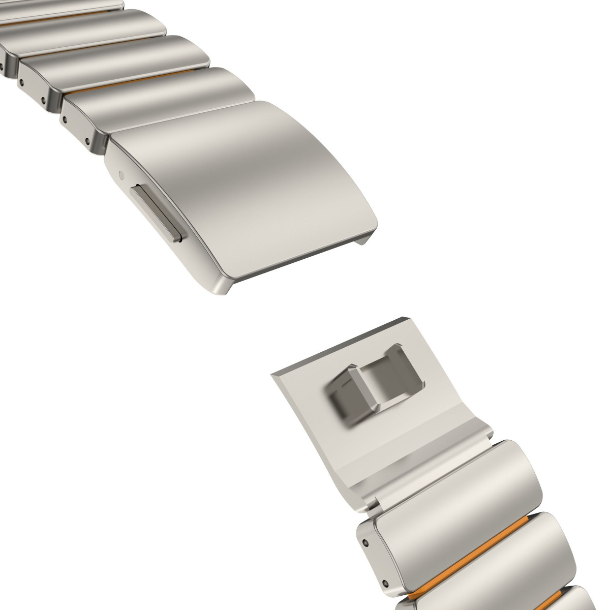 Ein silbernes Metallarmband mit einem Schnallenmechanismus, der nicht geschlossen ist.