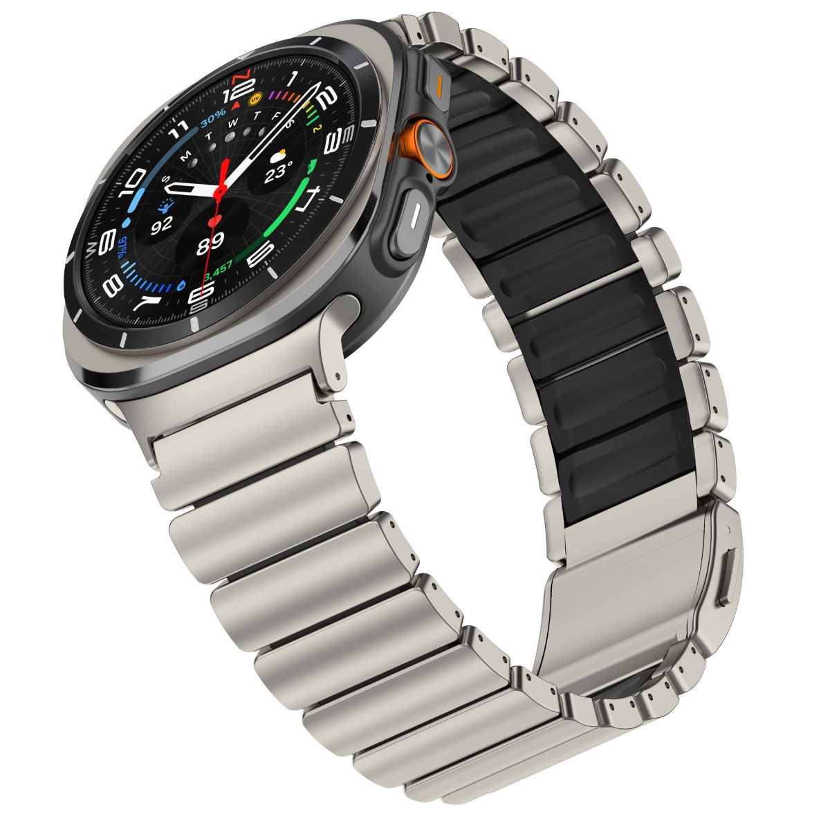 Eine silberne Smartwatch mit schwarzem Zifferblatt und Metallarmband.