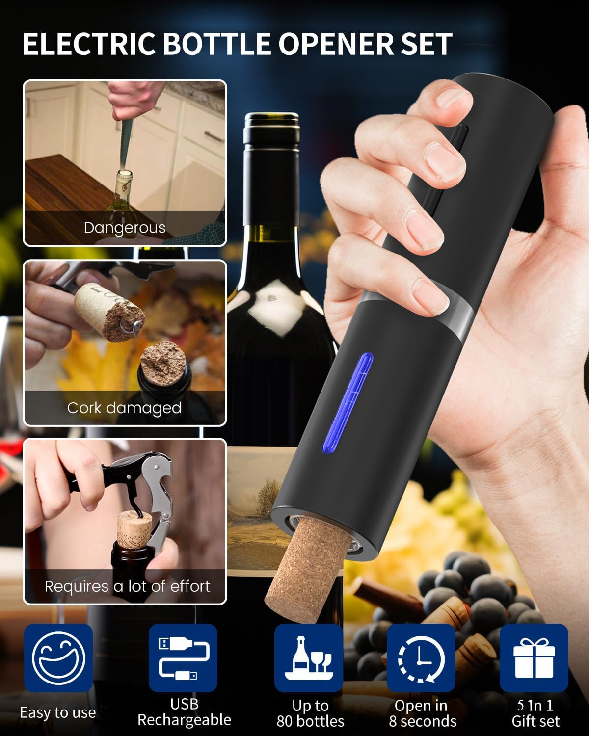 Elektrischer Flaschenöffner-Set mit Wein, Trauben und Icons für einfache Bedienung.