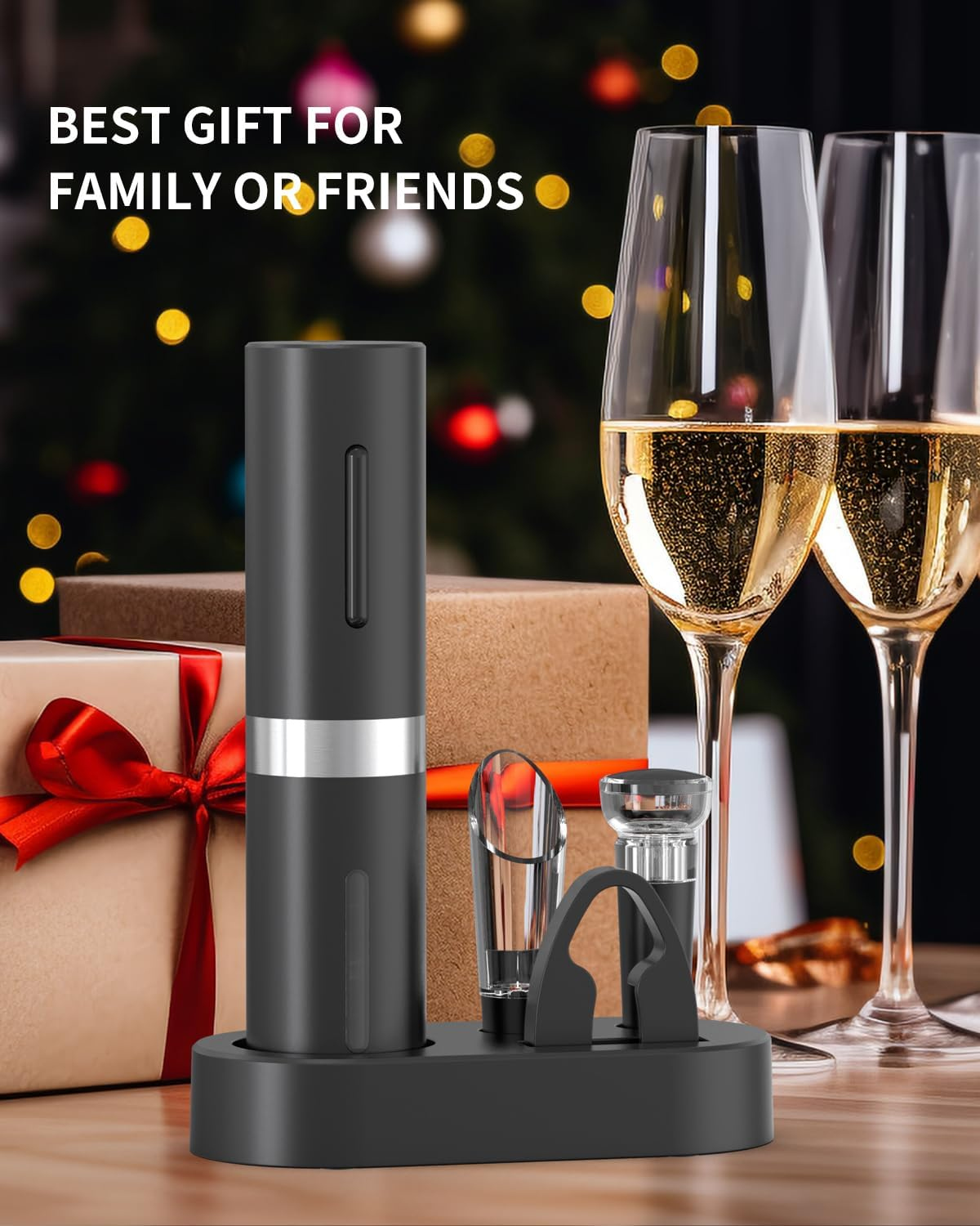 Ein elektrischer Korkenzieher mit Zubehör, Geschenken und Champagnergläsern.