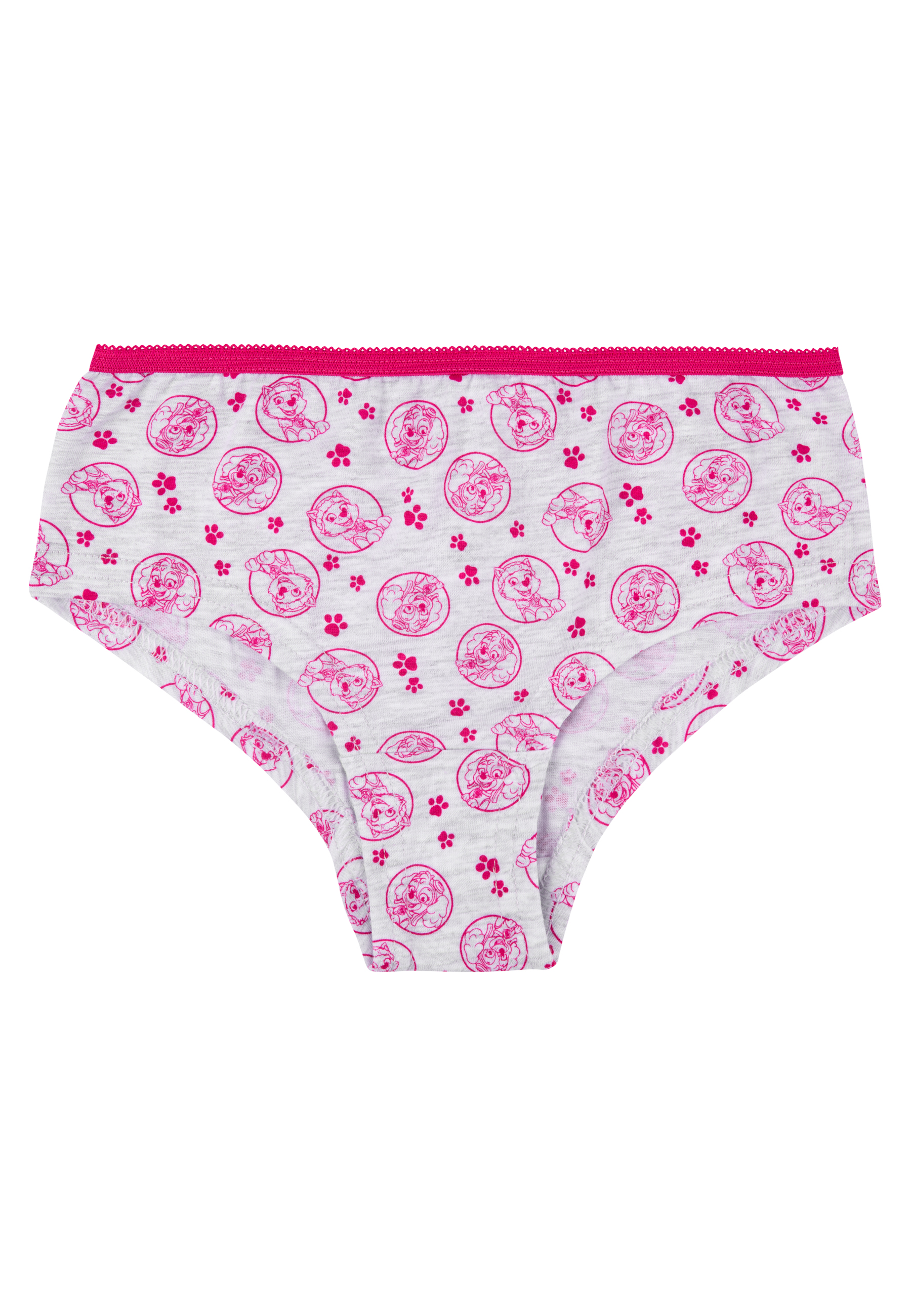 Graue Unterhose mit pinken Paw Patrol-Motiven und pinkem Spitzenbund.