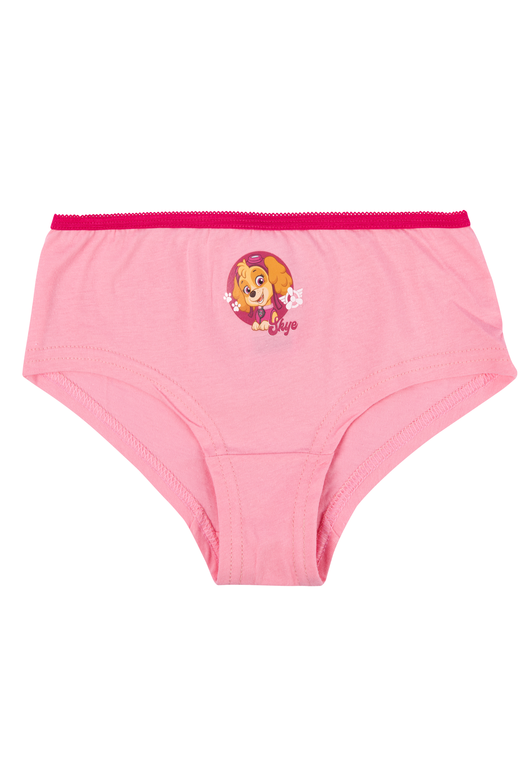 Rosa Unterhose für Mädchen mit Paw Patrol Skye-Aufdruck und pinkem Spitzenbund.