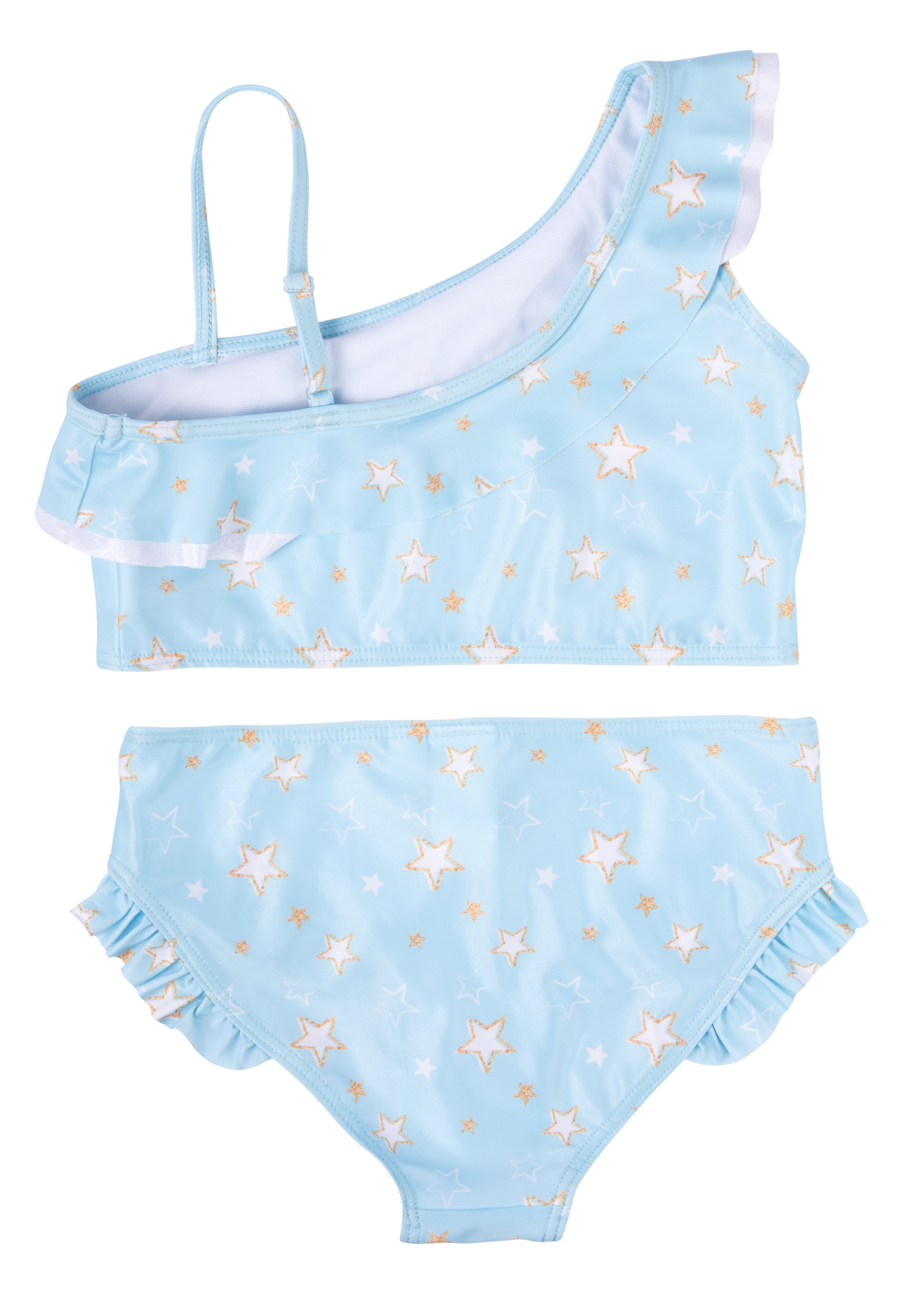 Ein hellblauer Bikini mit Sternenmuster. Ein schulterfreies Oberteil mit Rüschen und ein Unterteil mit Rüschen.