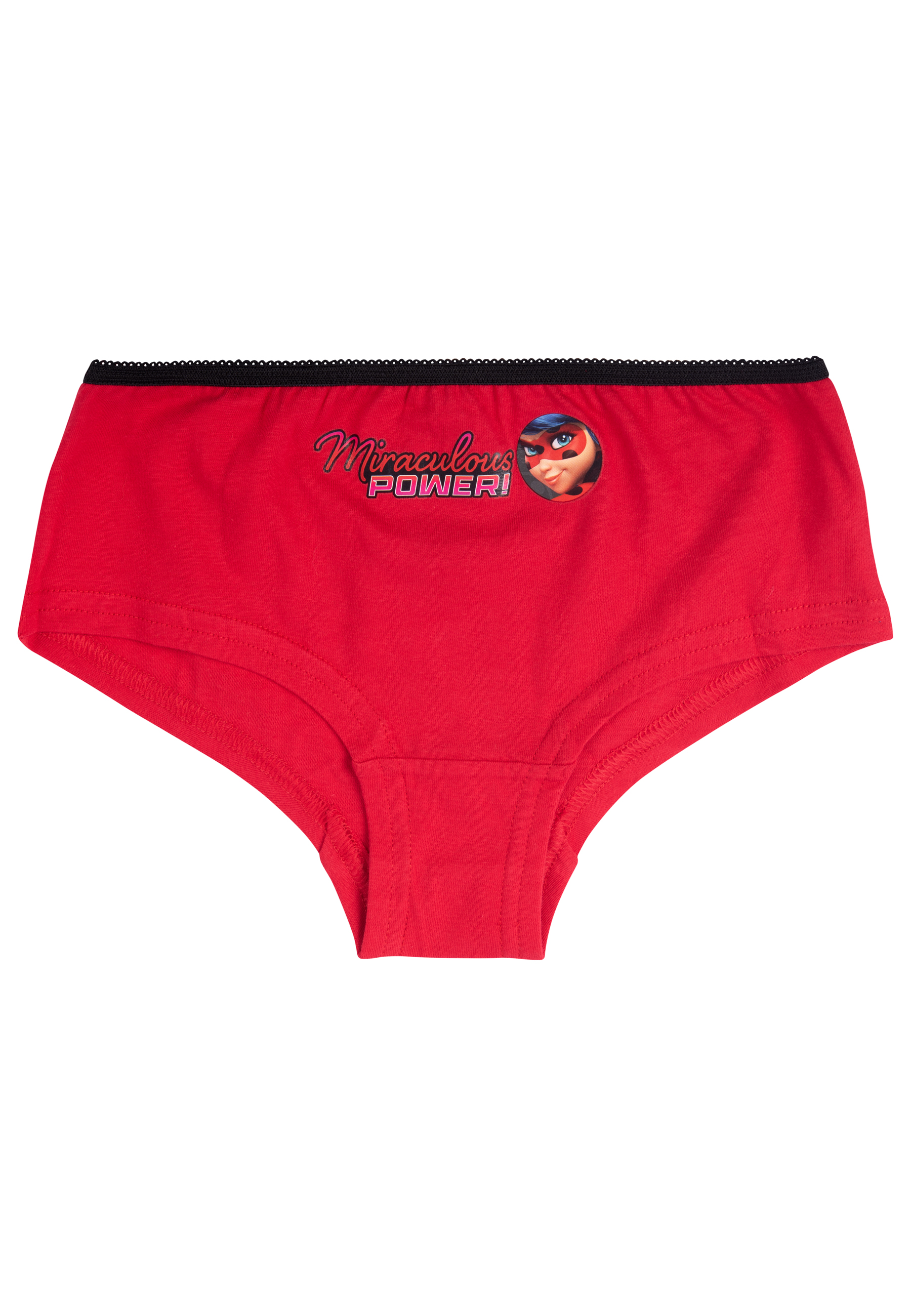 Rote Unterhose mit schwarzer Spitze und Miraculous Ladybug Motiv.