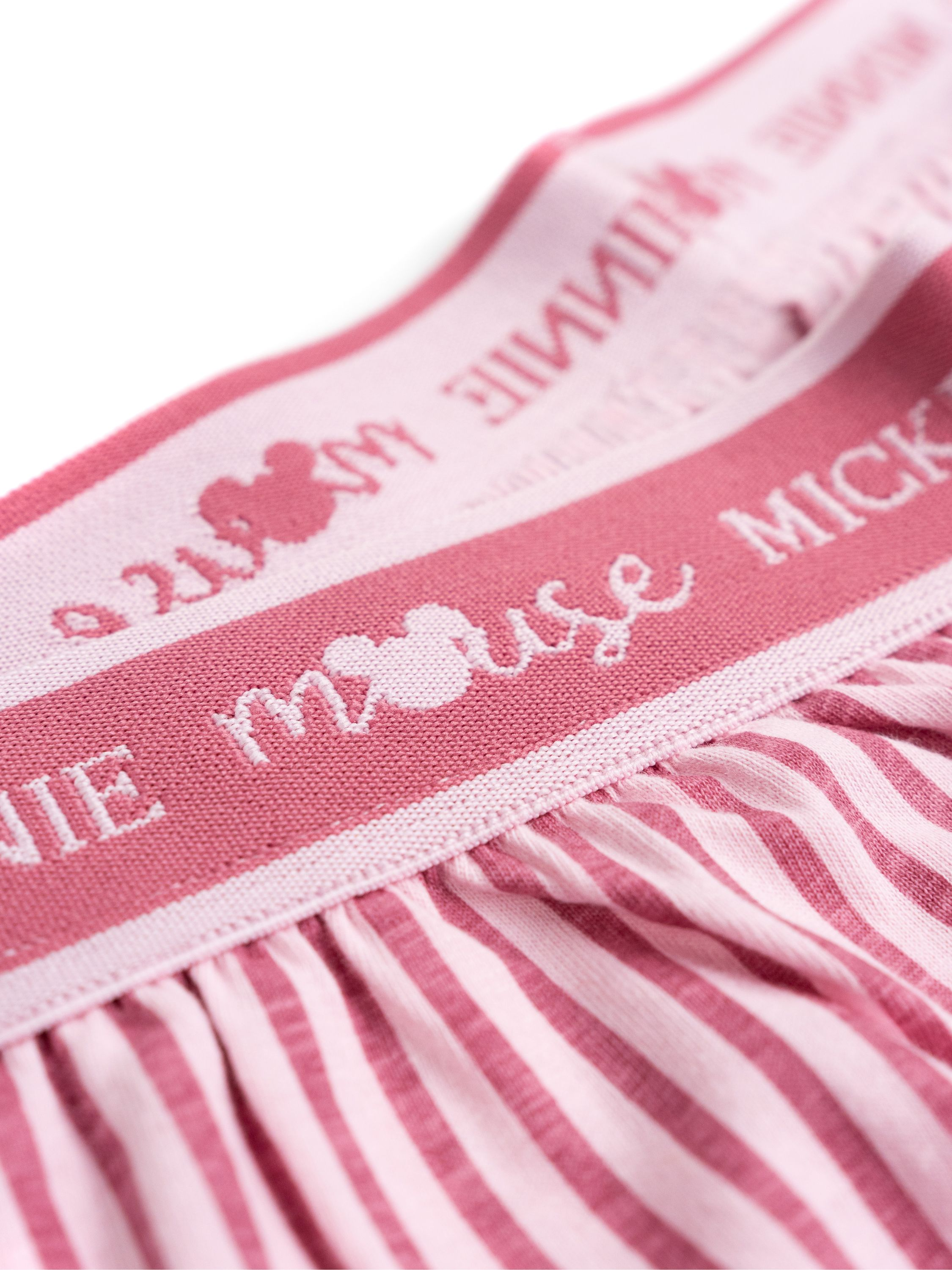 Rosa gestreifte Hose mit "Minnie Mouse" Schriftzug und Mickey-Maus-Logo.