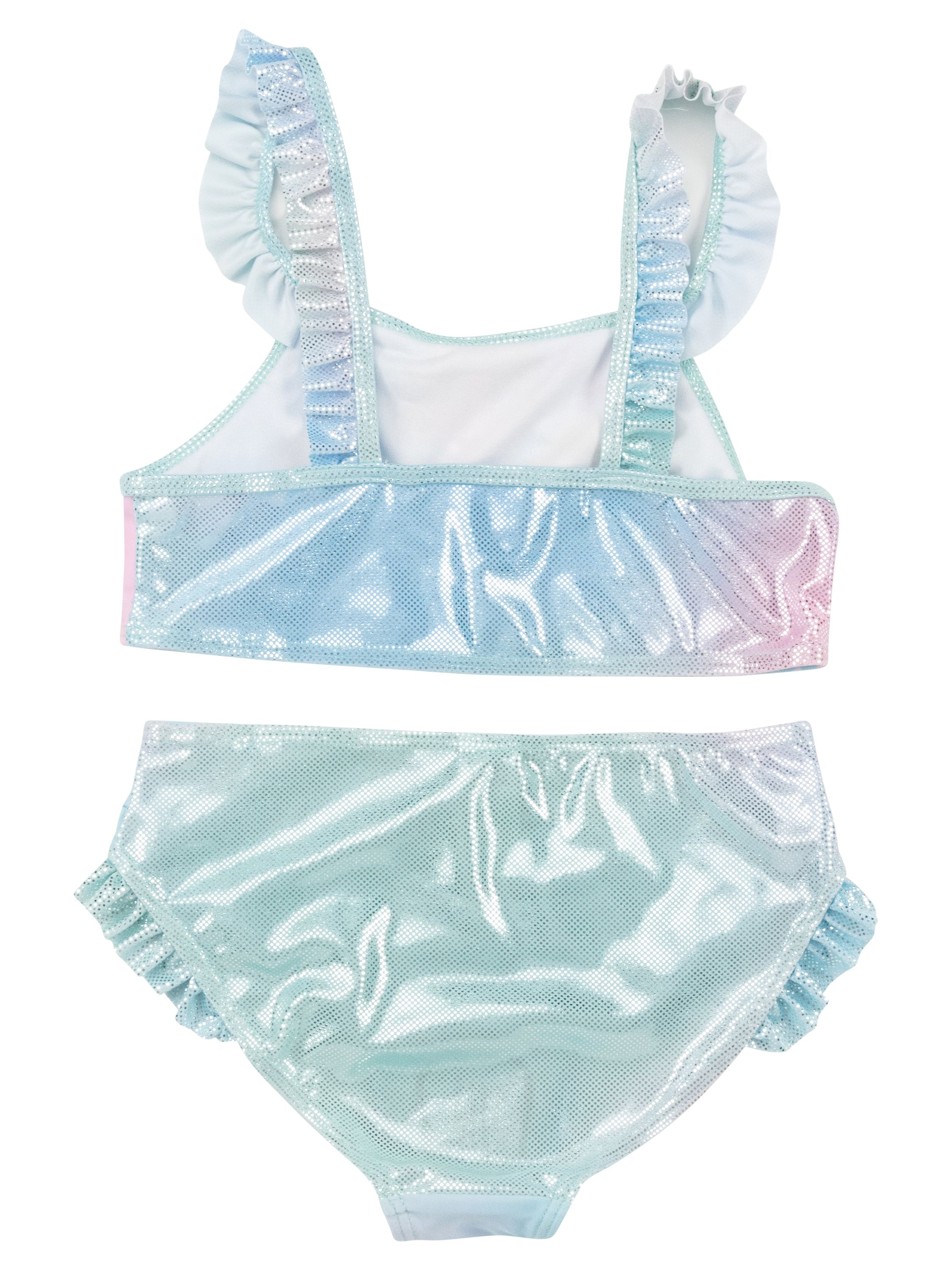 Glitzernder Ombré-Badeanzug mit Rüschen, blau, pink und mintgrün.