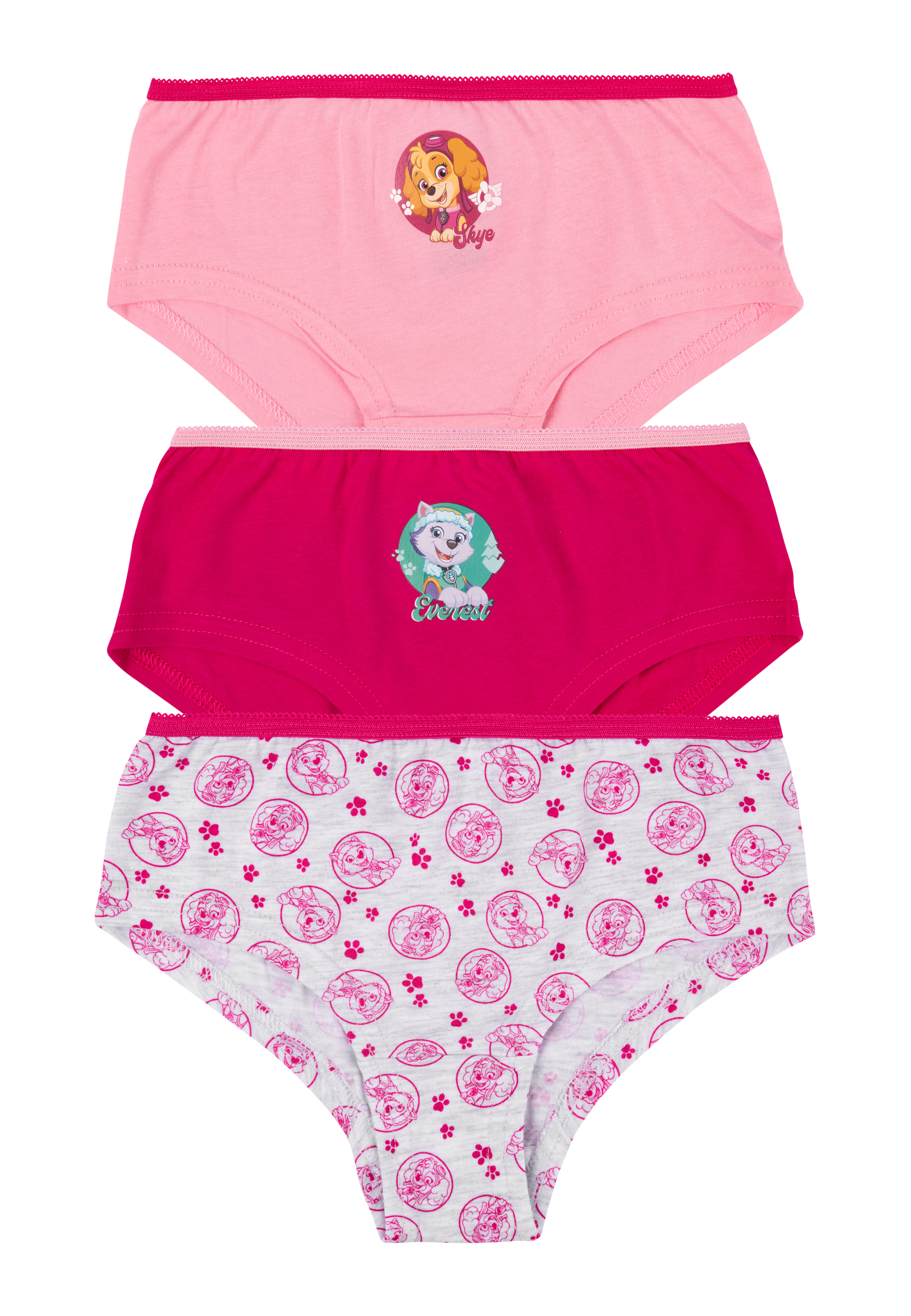 Drei Mädchenunterhosen mit Paw Patrol-Motiven in Rosa, Pink und Grau.