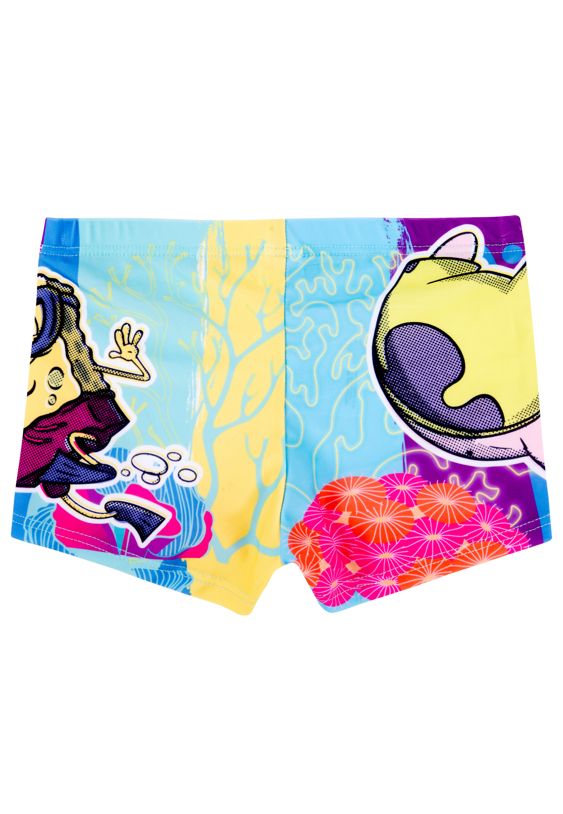 Badehose mit Spongebob-Motiv, blau, gelb, lila, pink.