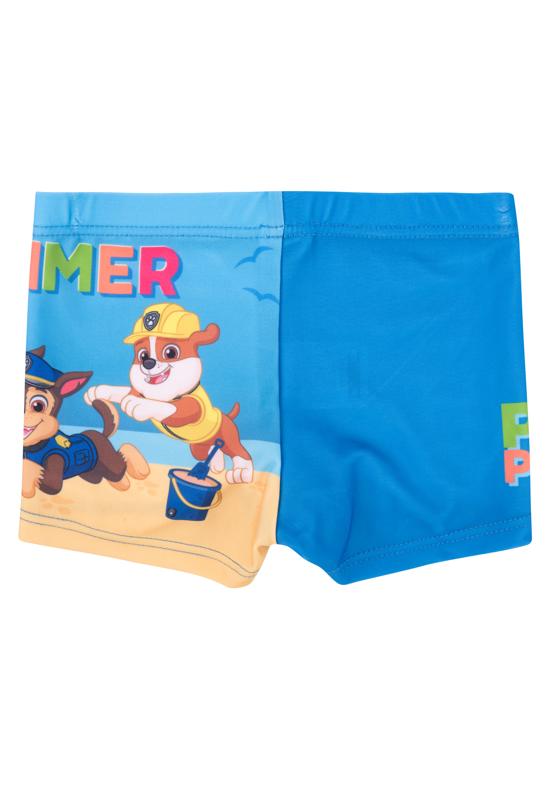 Badehose mit Paw Patrol-Motiv: Chase und Rubble am Strand spielen im Sand.