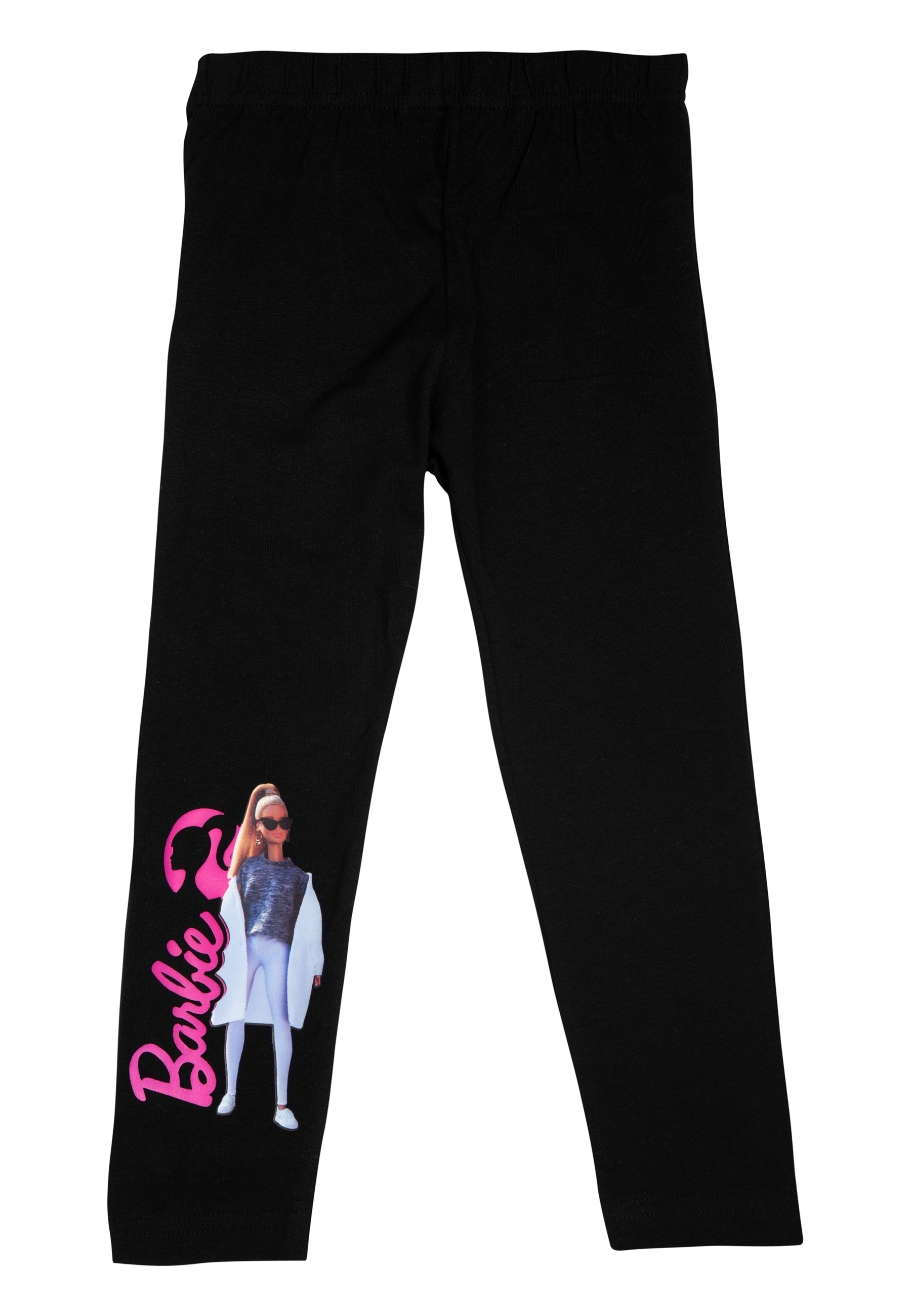 Schwarze Leggings mit Barbie-Aufdruck und pinkem Schriftzug.
