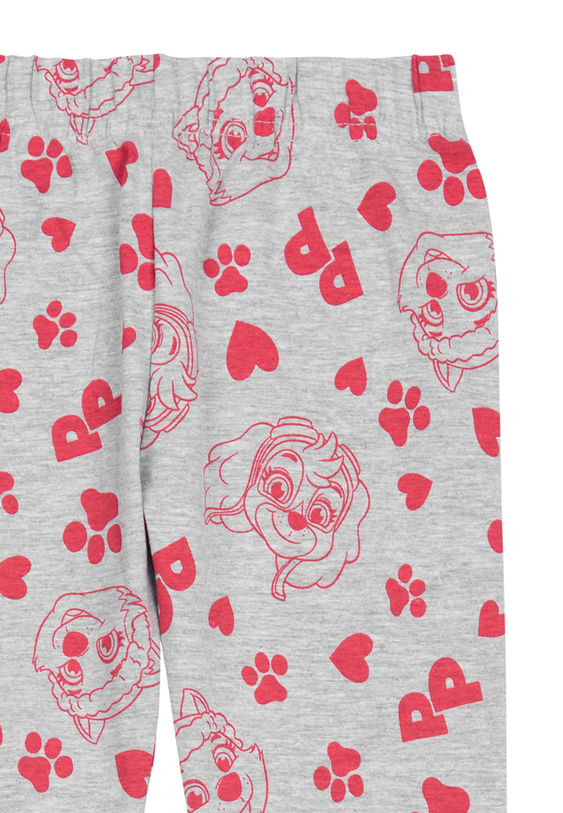 Grauer Stoff mit roten Paw Patrol Abdrücken und Herzen.