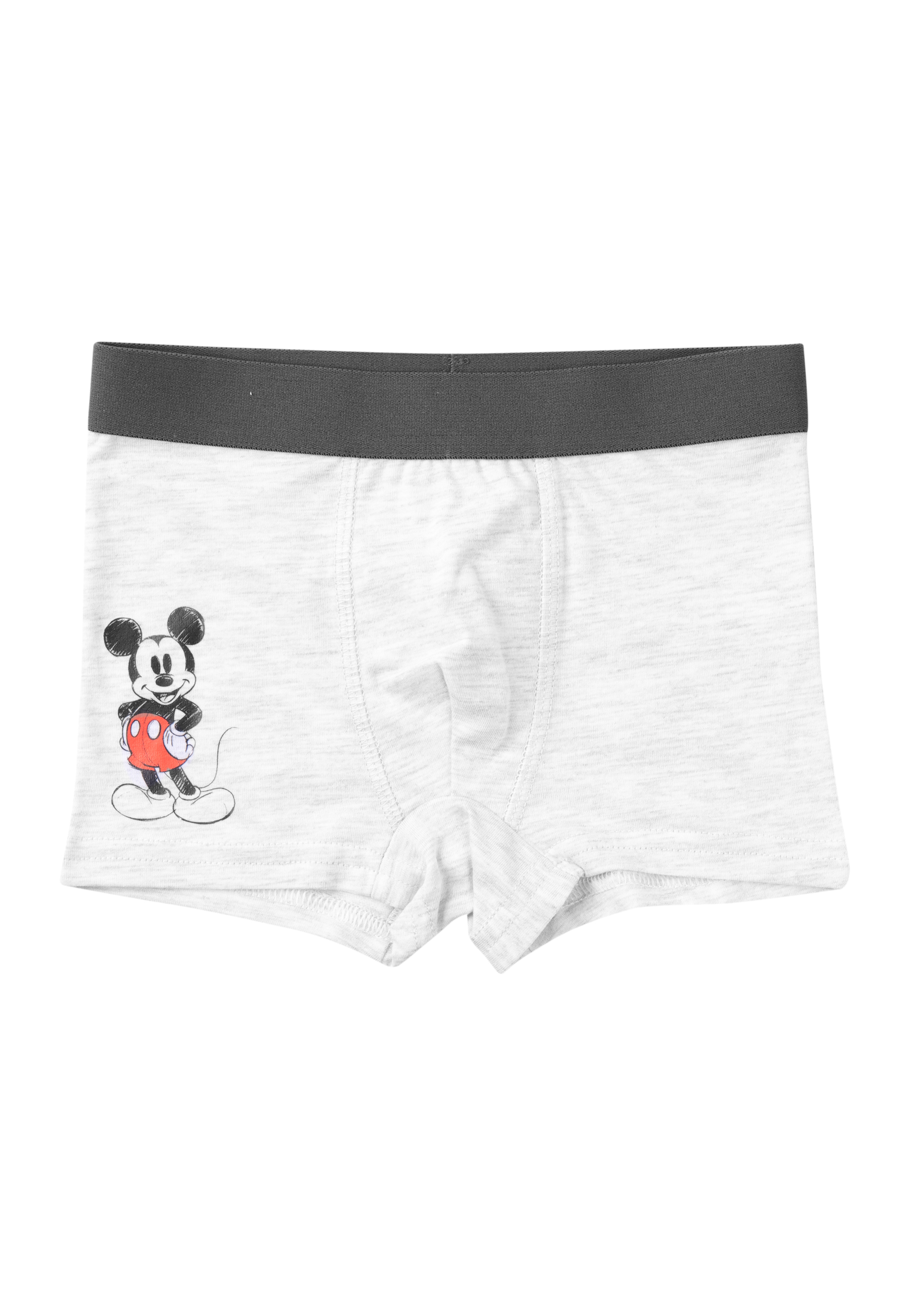 Graue Boxershorts mit Mickey Maus Aufdruck und grauem Bund.