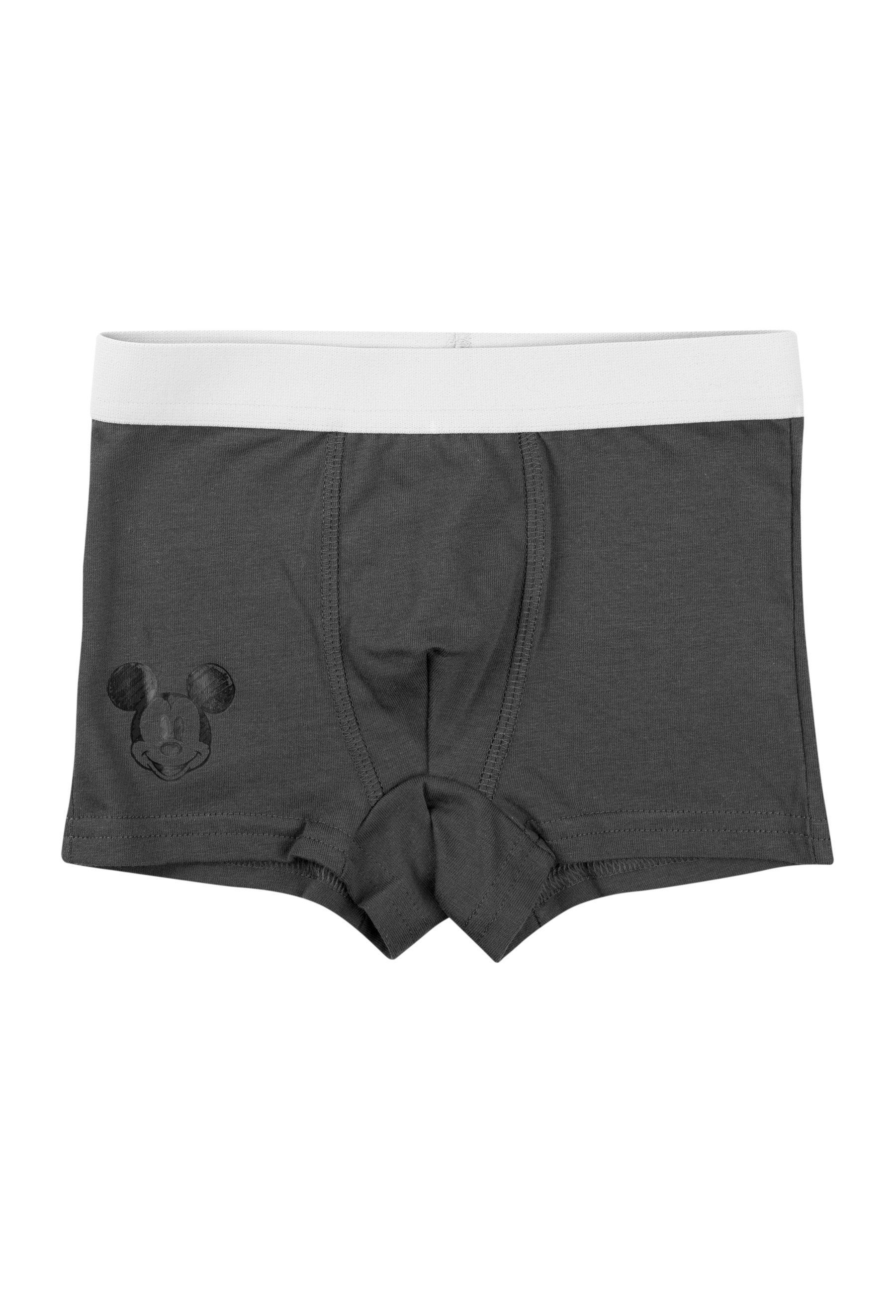 Graue Boxershorts mit Mickey-Maus-Aufdruck und weißem Bund.