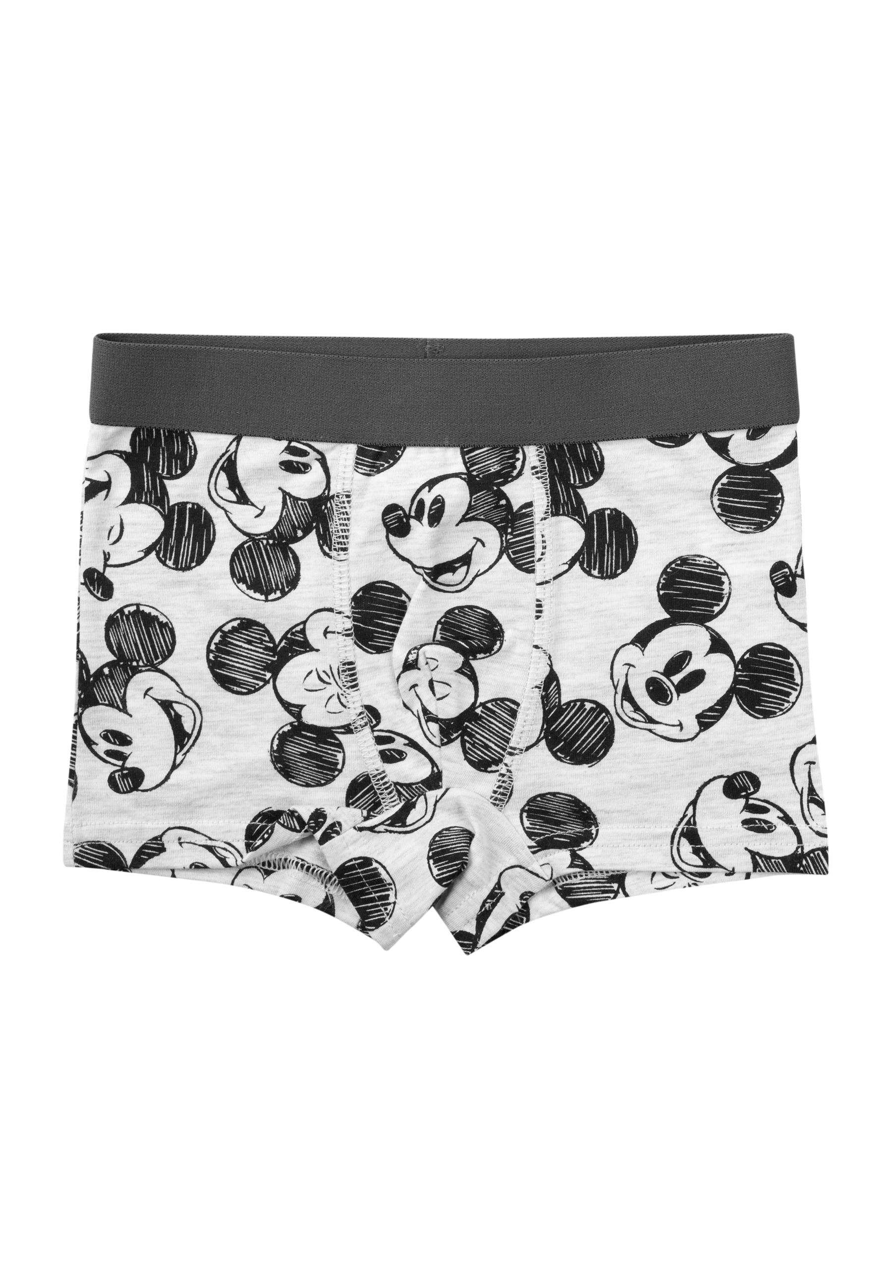 Weiße Boxershorts mit schwarzem Mickey-Maus-Print und grauem Bund.
