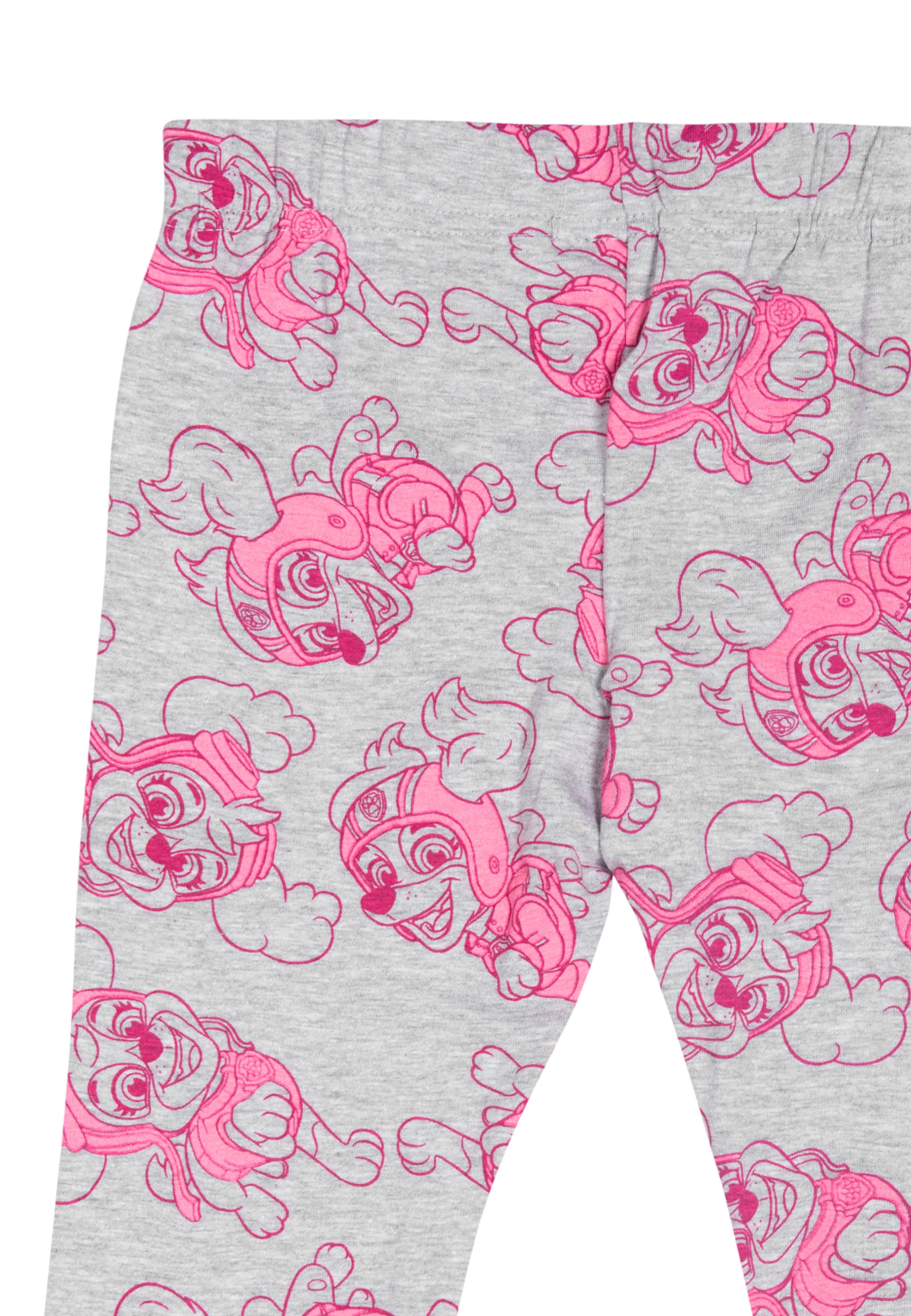 Grauer Stoff mit pinkem Paw Patrol Skye-Muster, Nahaufnahme.