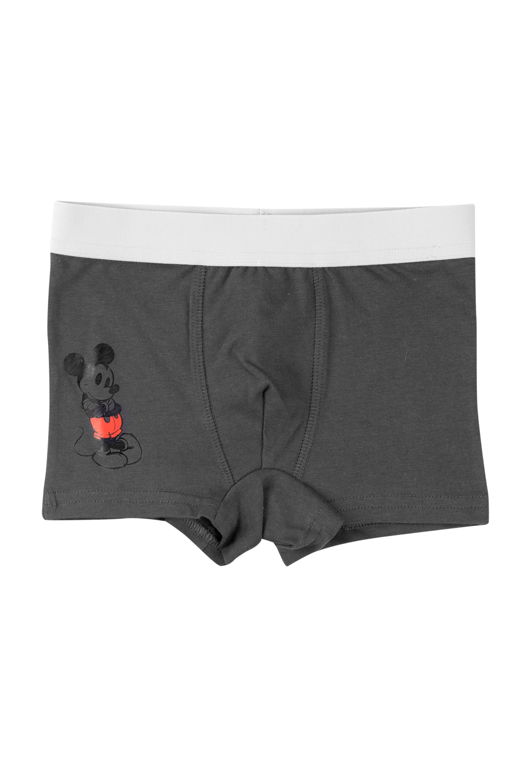 Graue Boxershorts mit weißem Bund und Mickey-Maus-Aufdruck.