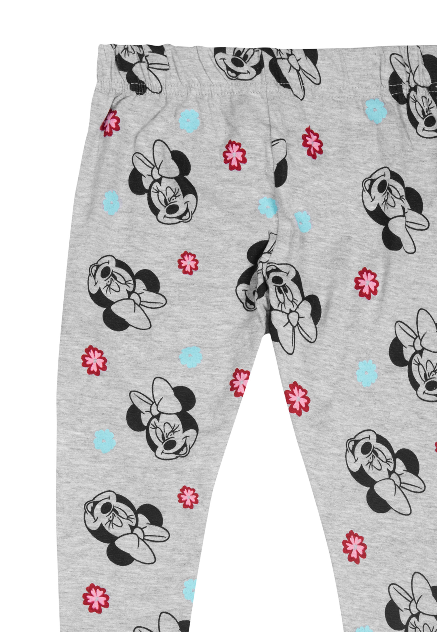 Graue Hose mit Micky-Maus-Aufdruck und bunten Blumen.
