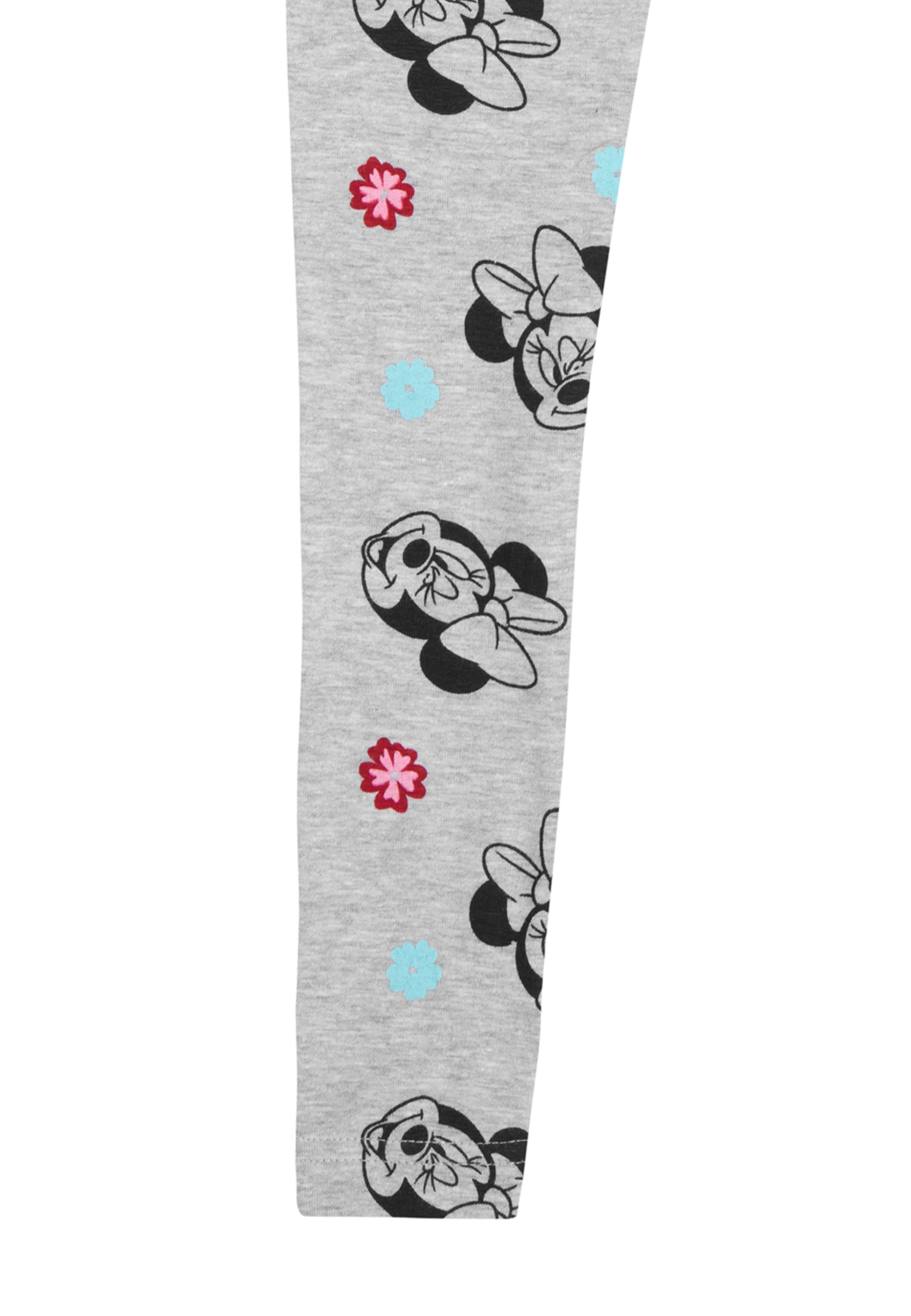 Grauer Stoff mit Minnie Maus und Blumenmuster.