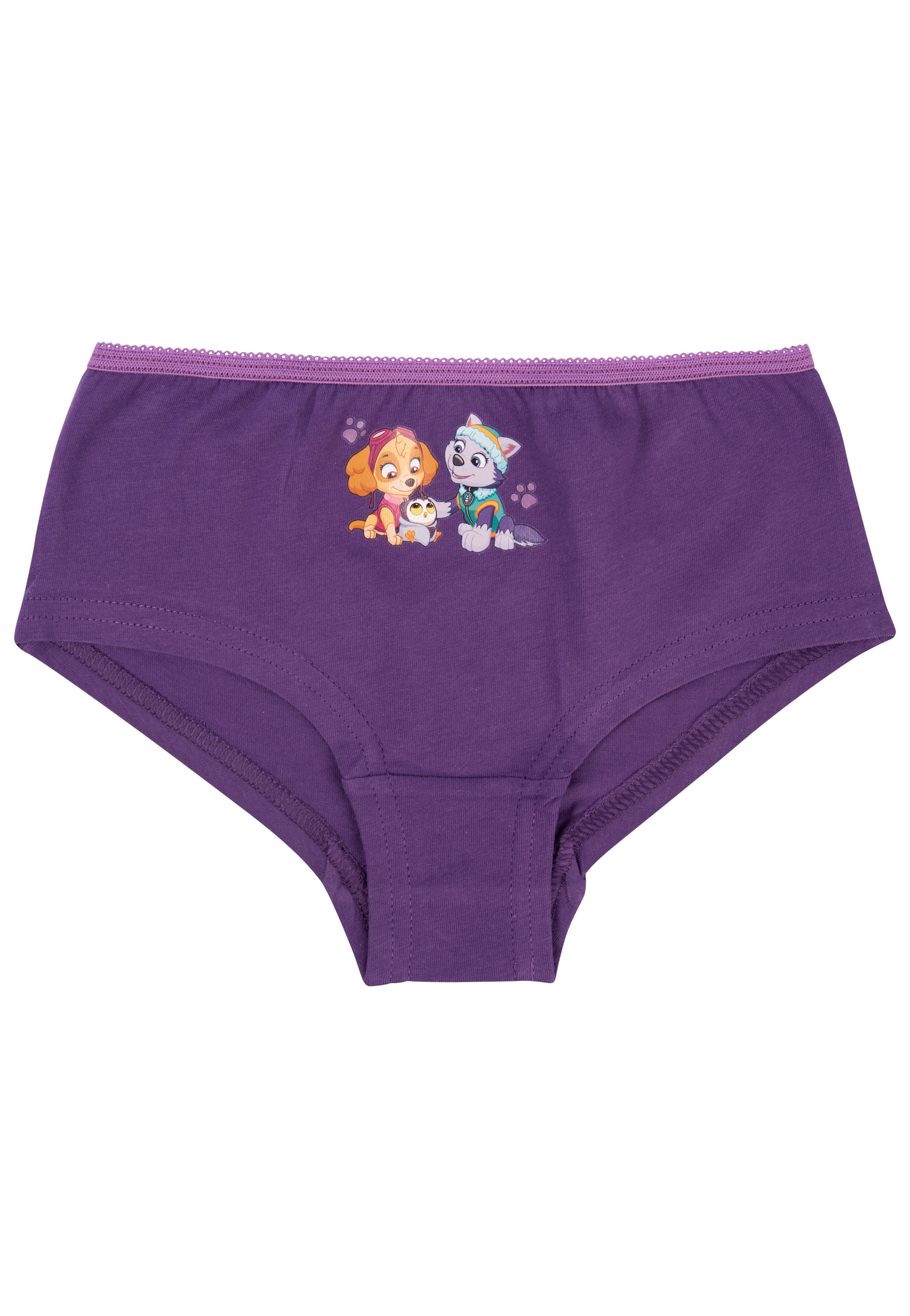 Lila Unterhose mit Paw Patrol-Motiv, vorne mit Skye, Everest und einem Pinguin.
