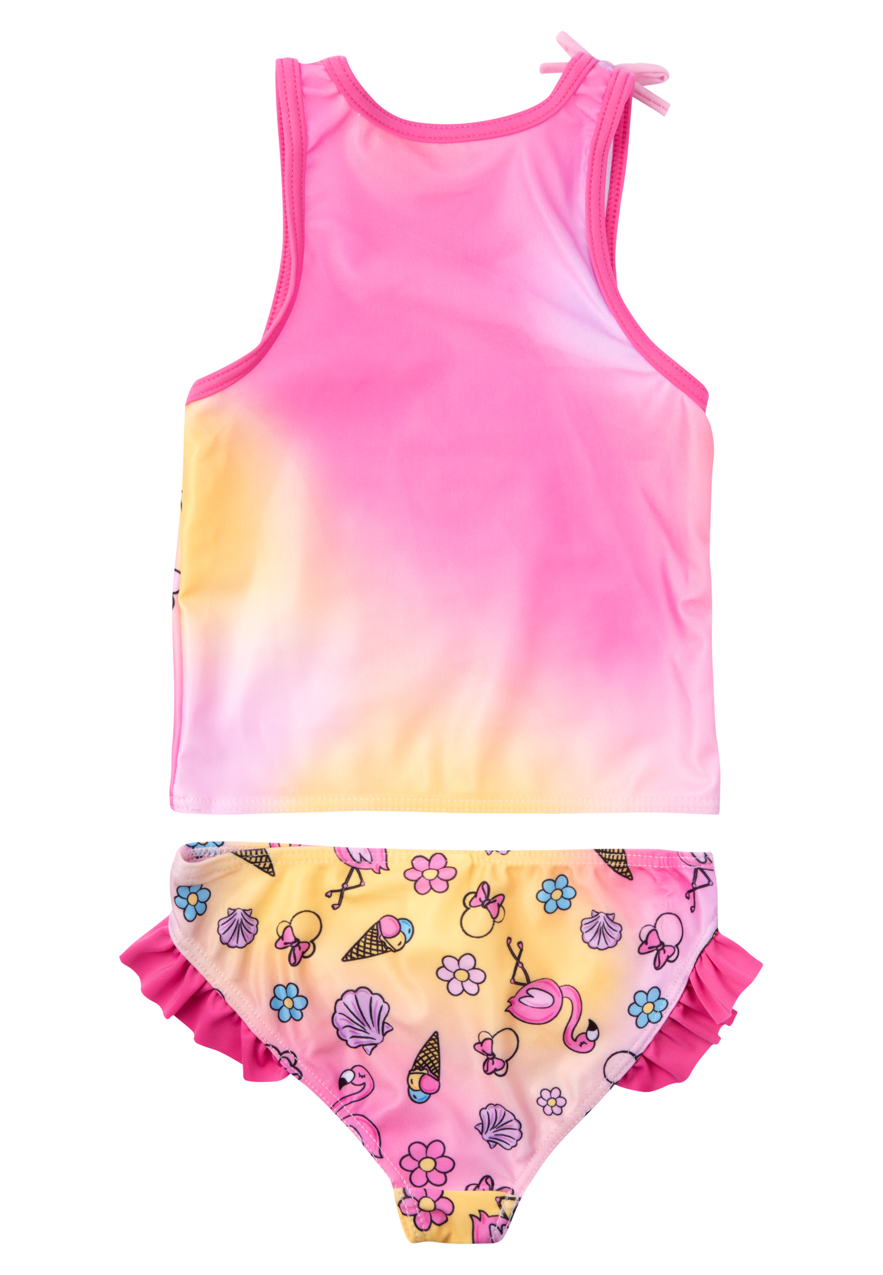 Ein zweiteiliger Badeanzug mit Flamingos, Eis und Muscheln.