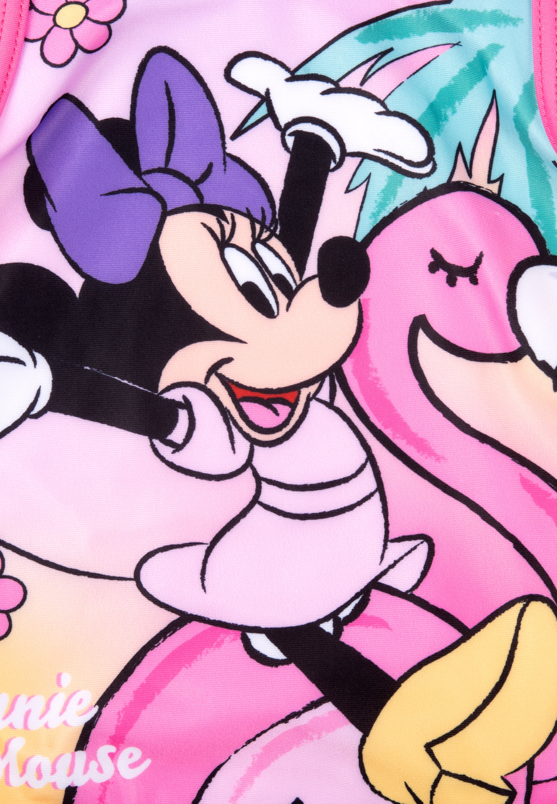 Minnie Maus mit lila Schleife und ein Flamingo auf einem rosa Hintergrund.